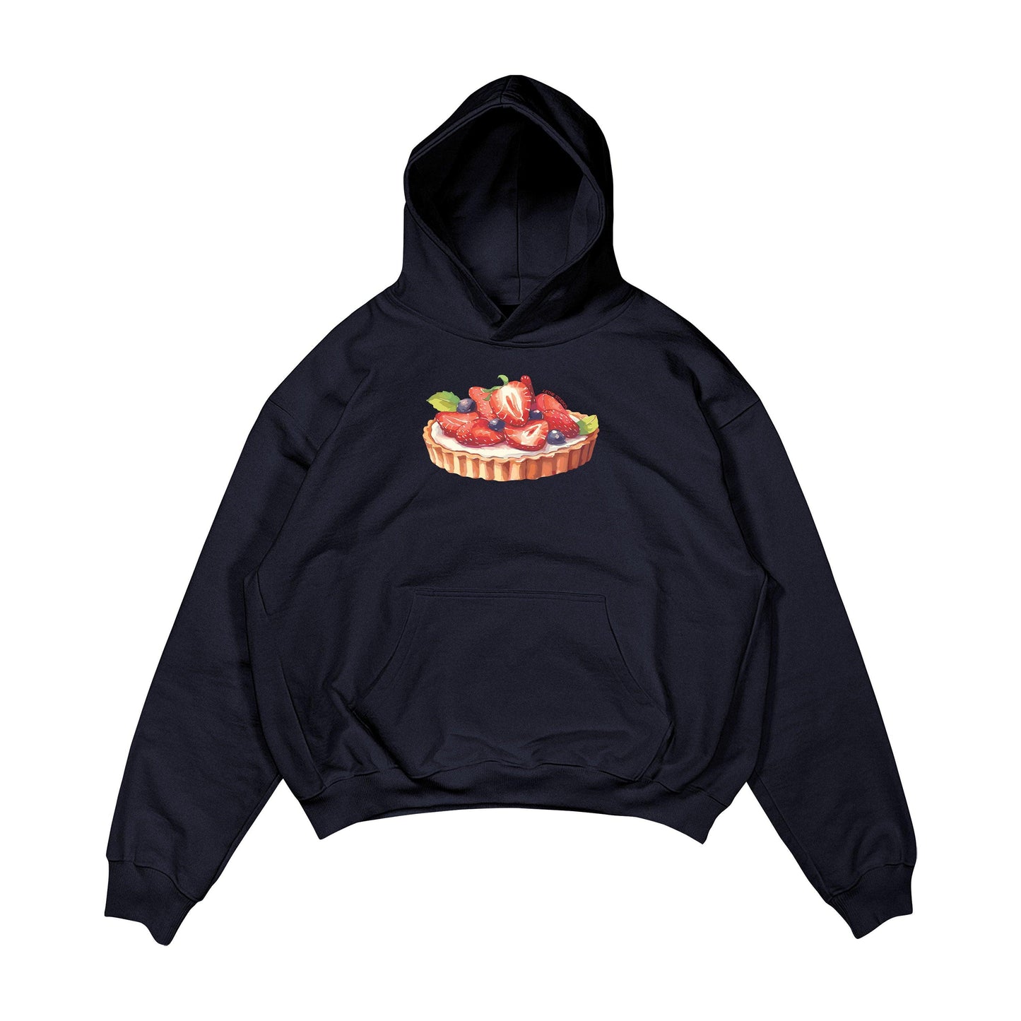 Aesthetic, çilekli tart desenli, pinterest tarzı, günlük kullanıma uygun olarak pamuklu kumaştan üretilmiş oversize koyu lacivert renk hoodie.