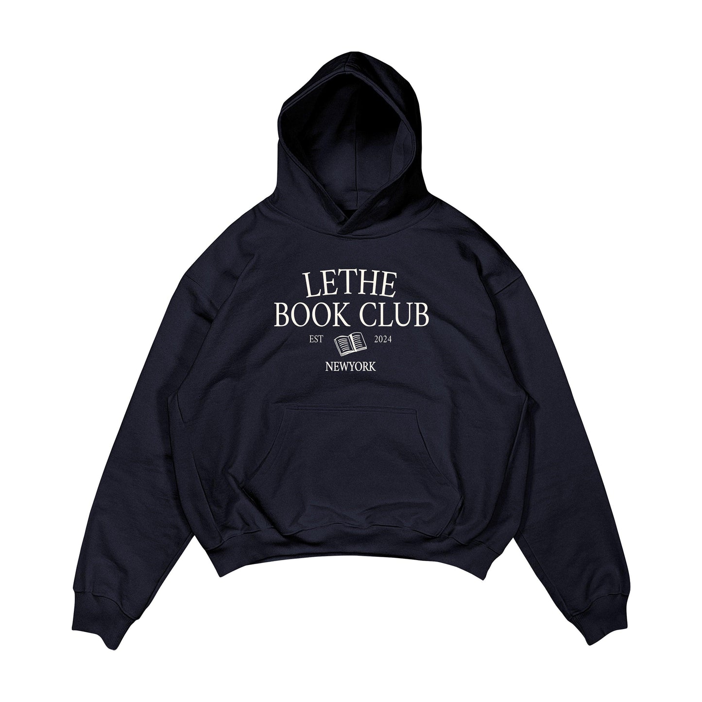 Aesthetic, book club desenli, kitap okumayı sevenlere uygun, cozy, günlük kullanıma uygun olarak pamuklu kumaştan üretilmiş oversize koyu lacivert renk hoodie.