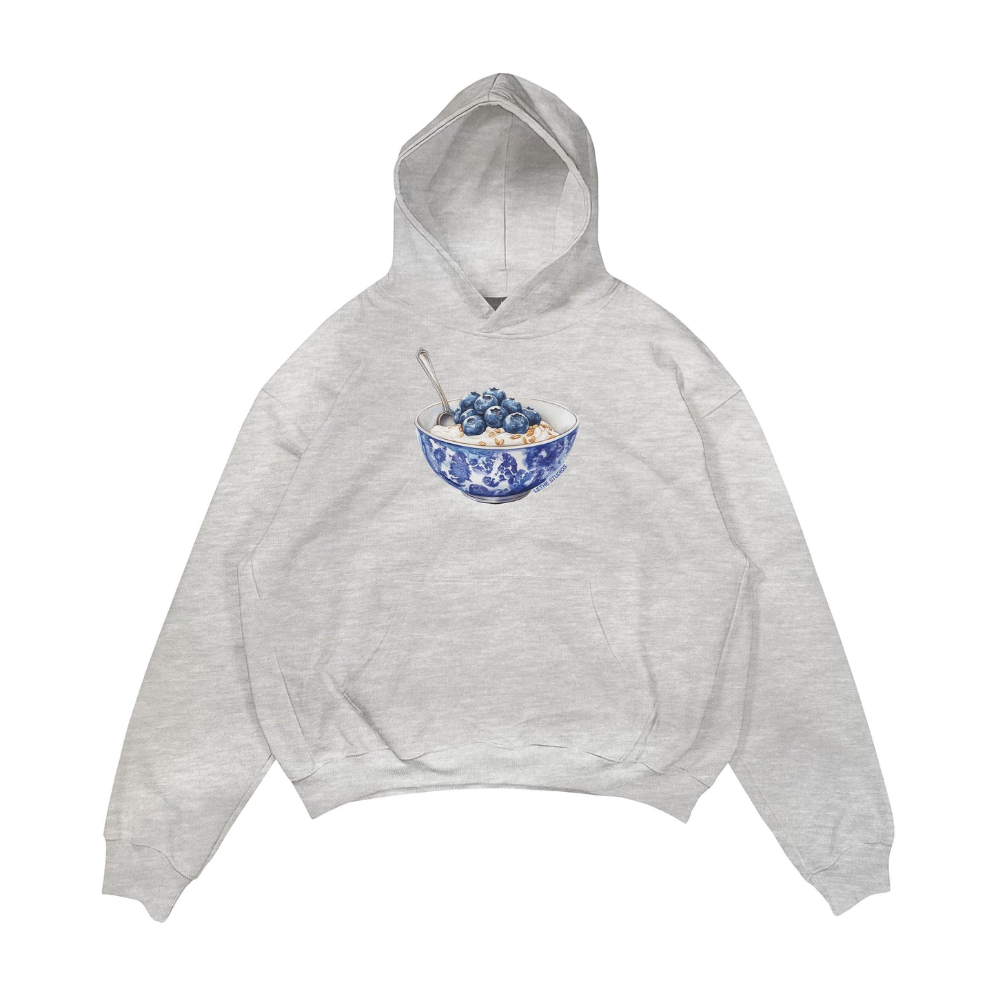 Aesthetic, yabanmersinli yulaf kasesi desenli, cozy, pinterest tarzı, günlük kullanıma uygun olarak pamuklu kumaştan üretilmiş oversize gri renk hoodie.