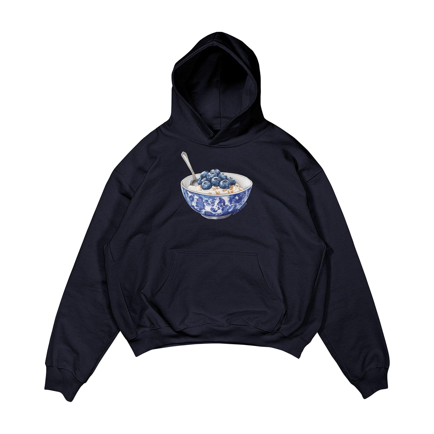 Aesthetic, yabanmersinli yulaf kasesi desenli, cozy, pinterest tarzı, günlük kullanıma uygun olarak pamuklu kumaştan üretilmiş oversize koyu lacivert renk hoodie.