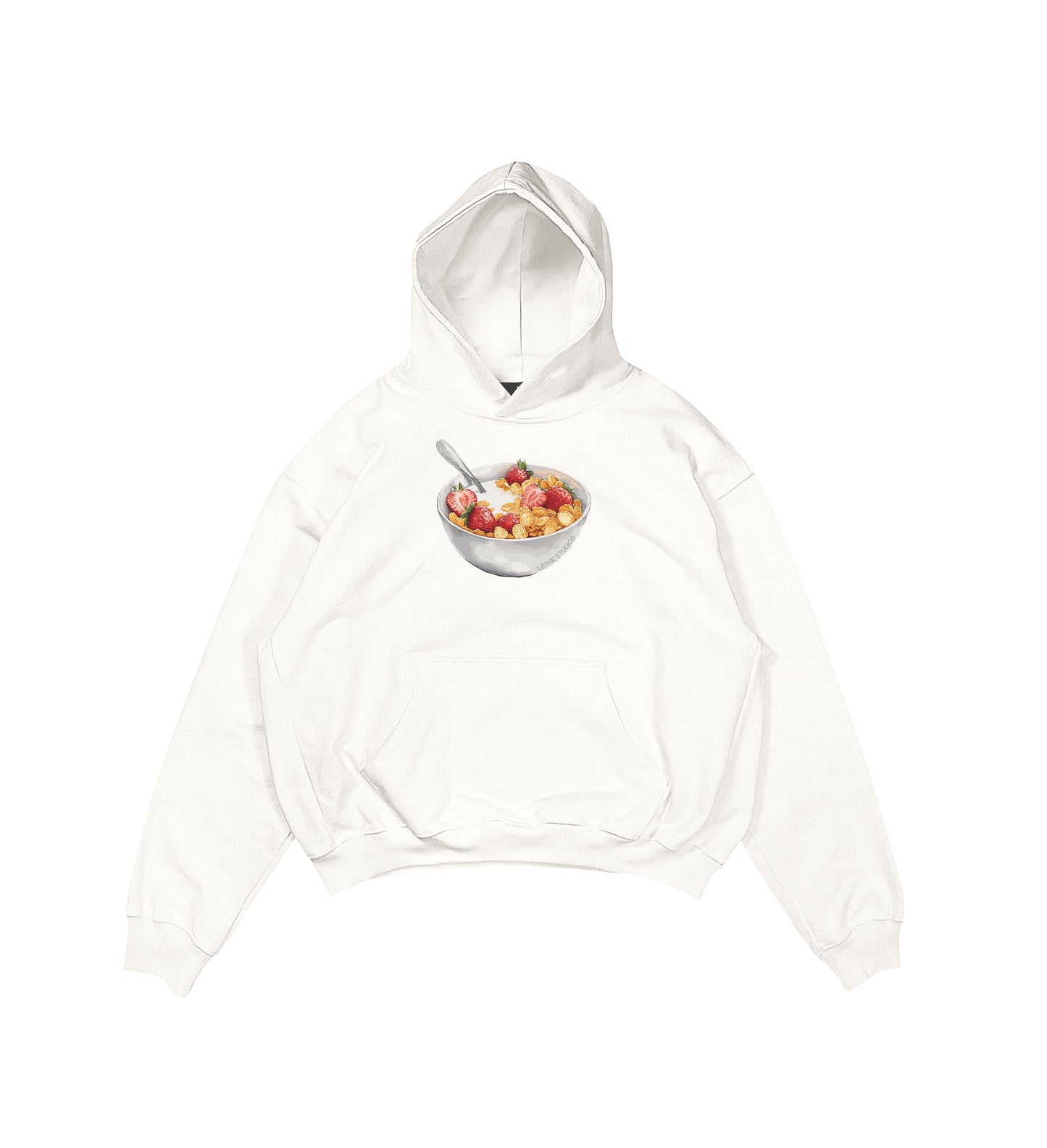 Aesthetic, cereal desenli, ribbon, coquette, pinterest tarzı baskılı, günlük kullanıma uygun olarak pamuklu kumaştan üretilmiş oversize ekru hoodie.
