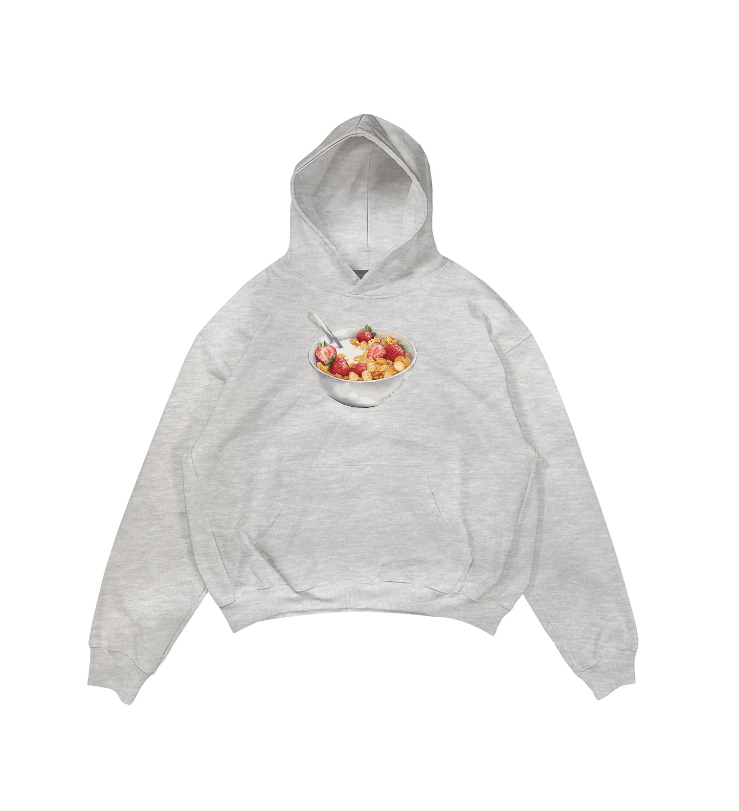 Aesthetic, cereal desenli, ribbon, coquette, pinterest tarzı baskılı, günlük kullanıma uygun olarak pamuklu kumaştan üretilmiş oversize gri hoodie.