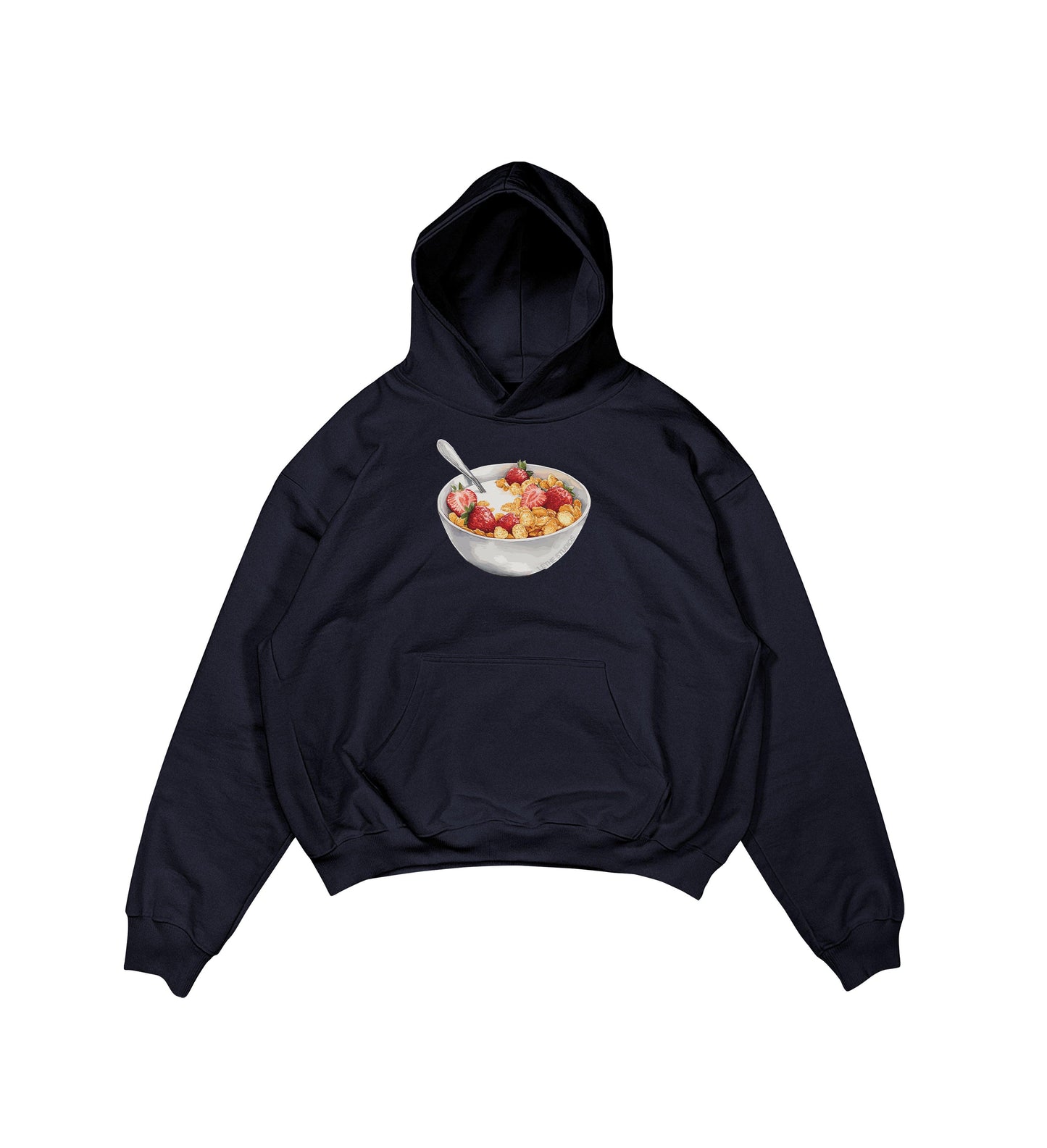 Aesthetic, cereal desenli, ribbon, coquette, pinterest tarzı baskılı, günlük kullanıma uygun olarak pamuklu kumaştan üretilmiş oversize koyu lacivert hoodie.