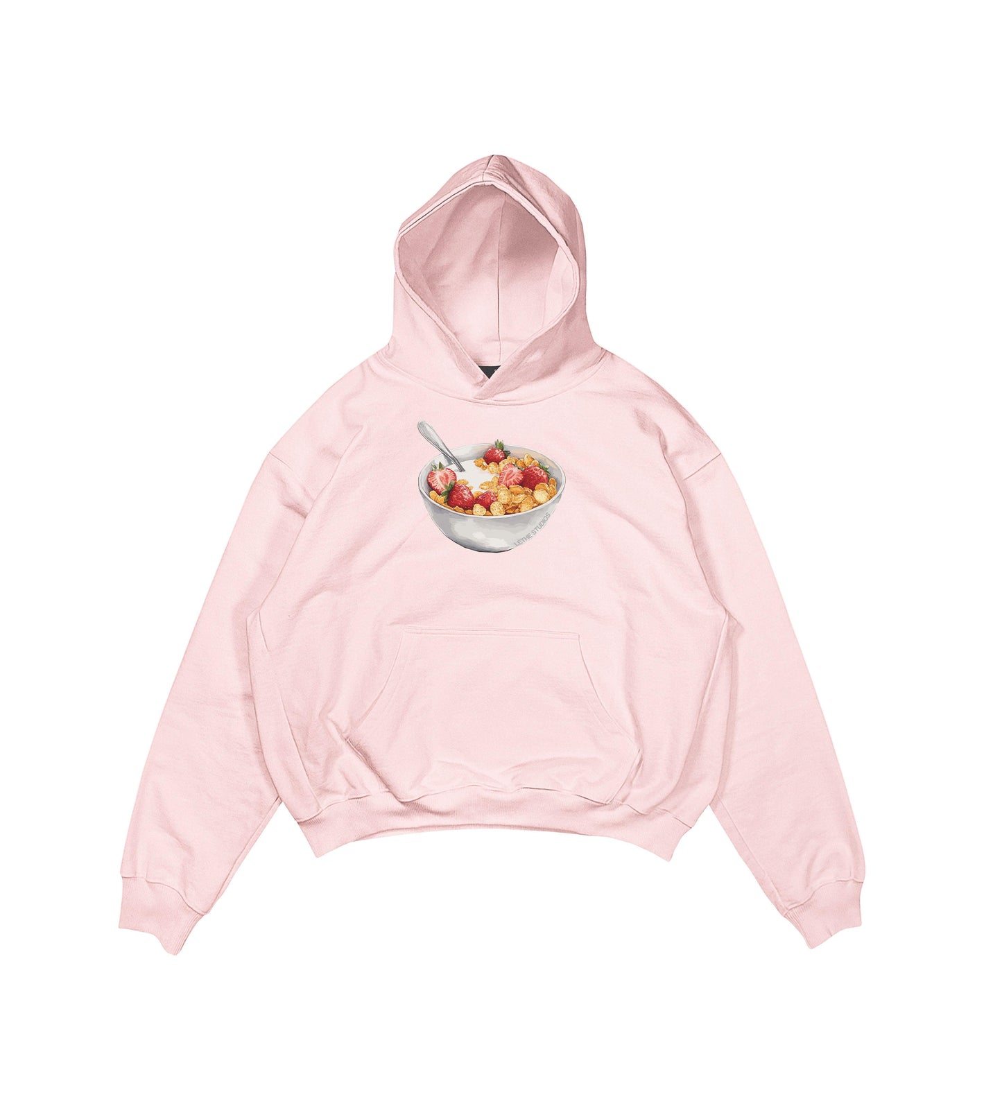 Aesthetic, cereal desenli, ribbon, coquette, pinterest tarzı baskılı, günlük kullanıma uygun olarak pamuklu kumaştan üretilmiş oversize pembe hoodie.