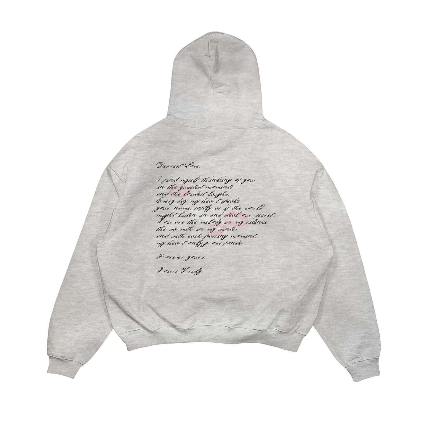 Aesthetic, aşk mektubu desenli, cozy, pinterest tarzı, günlük kullanıma uygun olarak pamuklu kumaştan üretilmiş oversize gri renk hoodie.