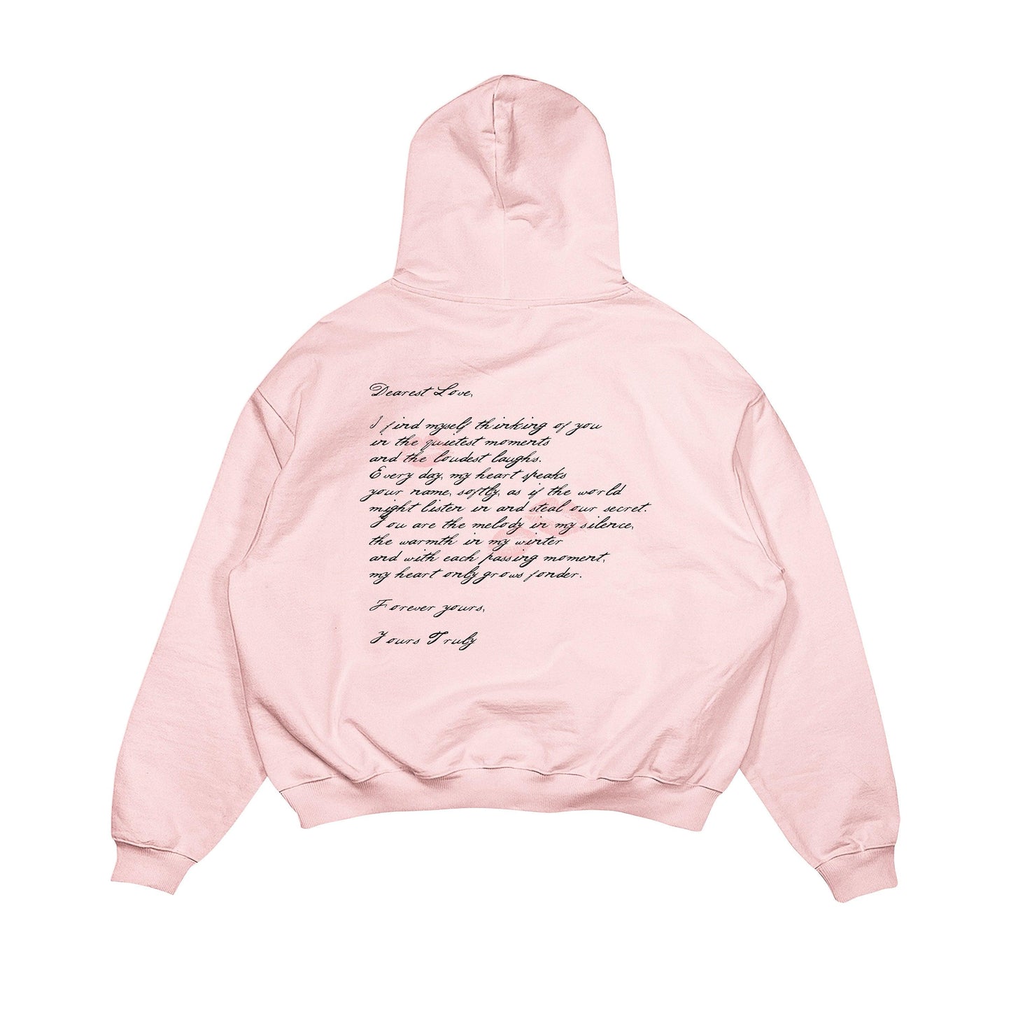 Aesthetic, aşk mektubu desenli, cozy, pinterest tarzı, günlük kullanıma uygun olarak pamuklu kumaştan üretilmiş oversize pembe renk hoodie.