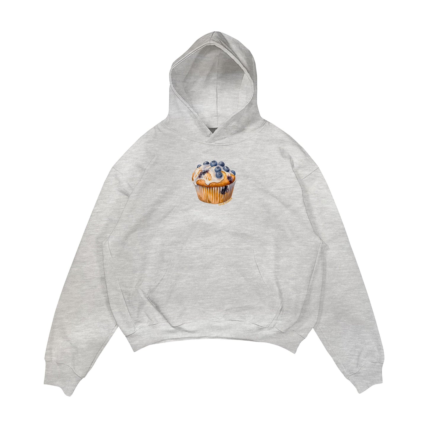 Aesthetic, cupcake desenli, cozy, pinterest tarzı, günlük kullanıma uygun olarak pamuklu kumaştan üretilmiş oversize gri renk hoodie.