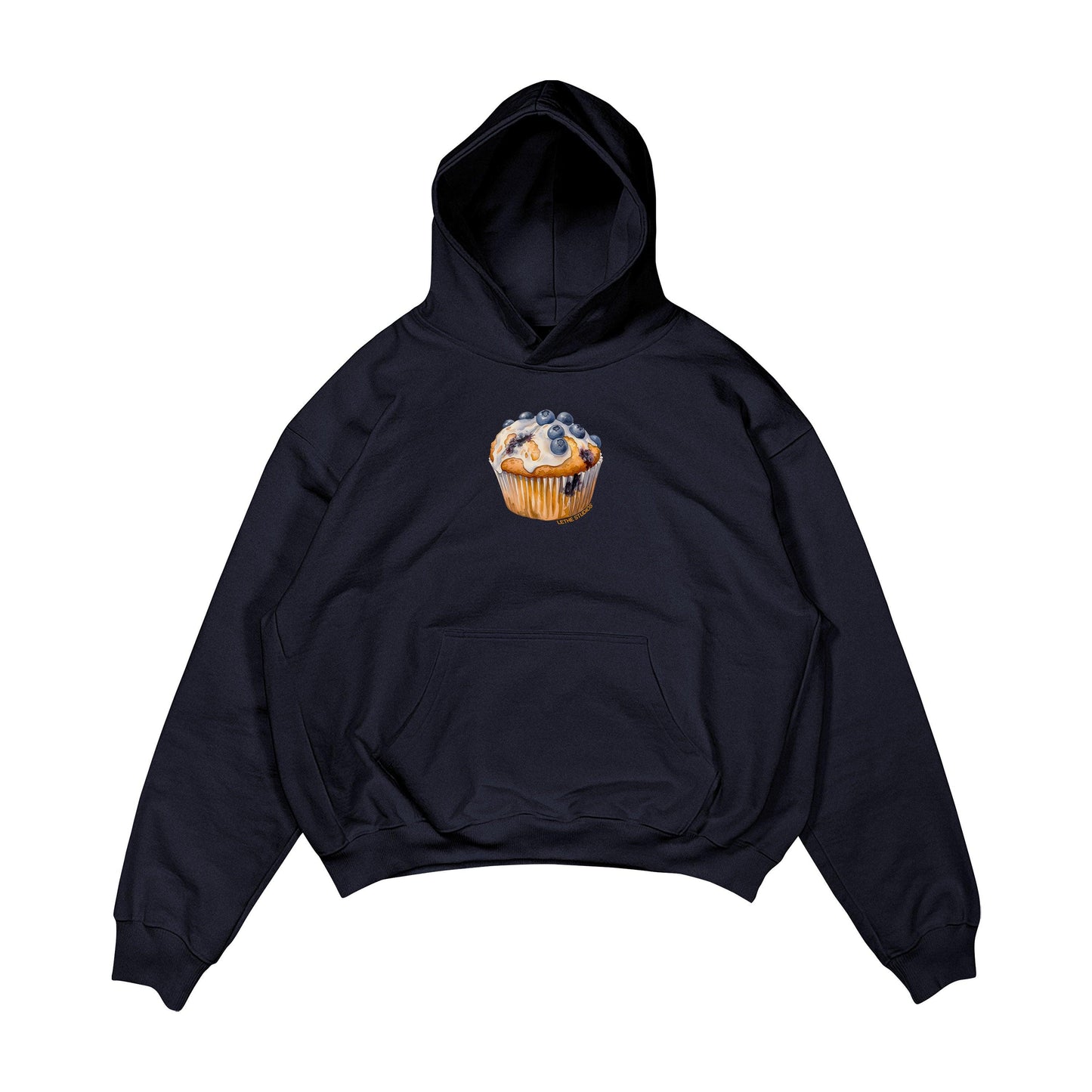Aesthetic, cupcake desenli, cozy, pinterest tarzı, günlük kullanıma uygun olarak pamuklu kumaştan üretilmiş oversize koyu lacivert renk hoodie.