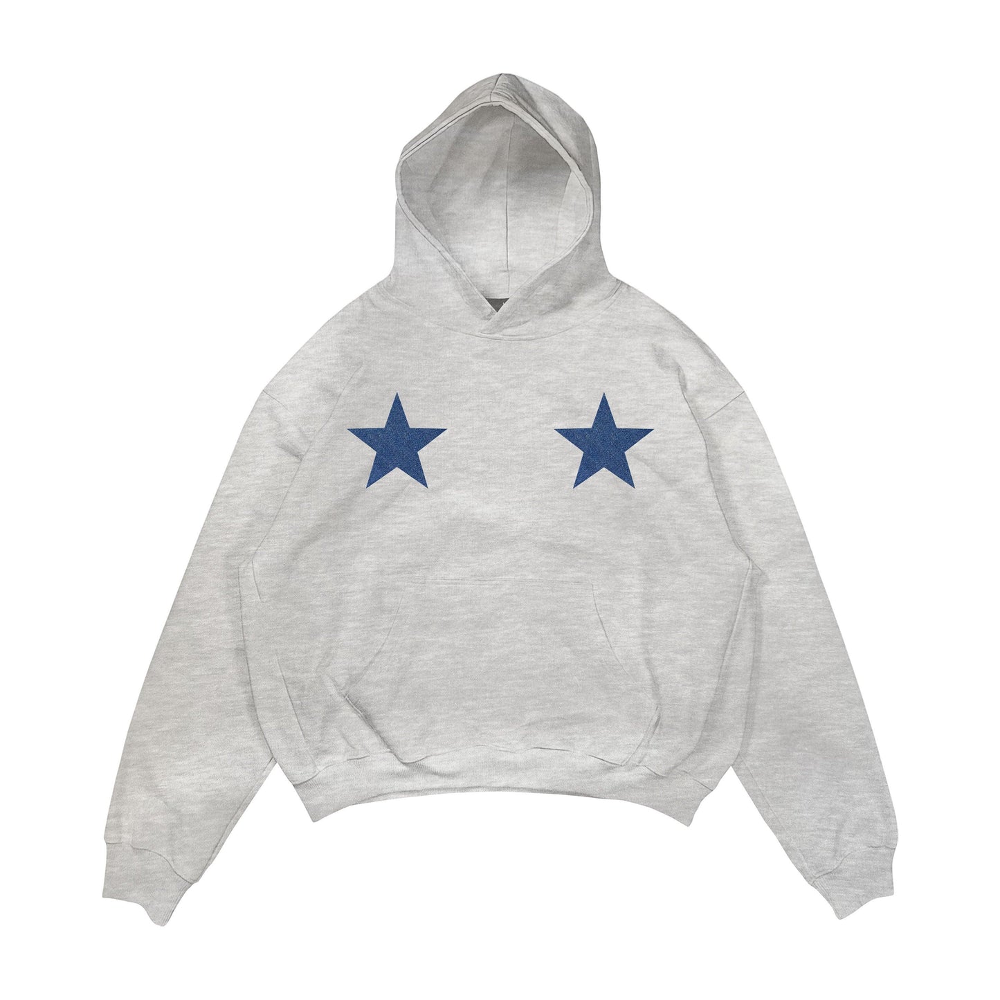 Aesthetic, denim yıldız desenli, cozy, pinterest tarzı, günlük kullanıma uygun olarak pamuklu kumaştan üretilmiş oversize gri renk hoodie.