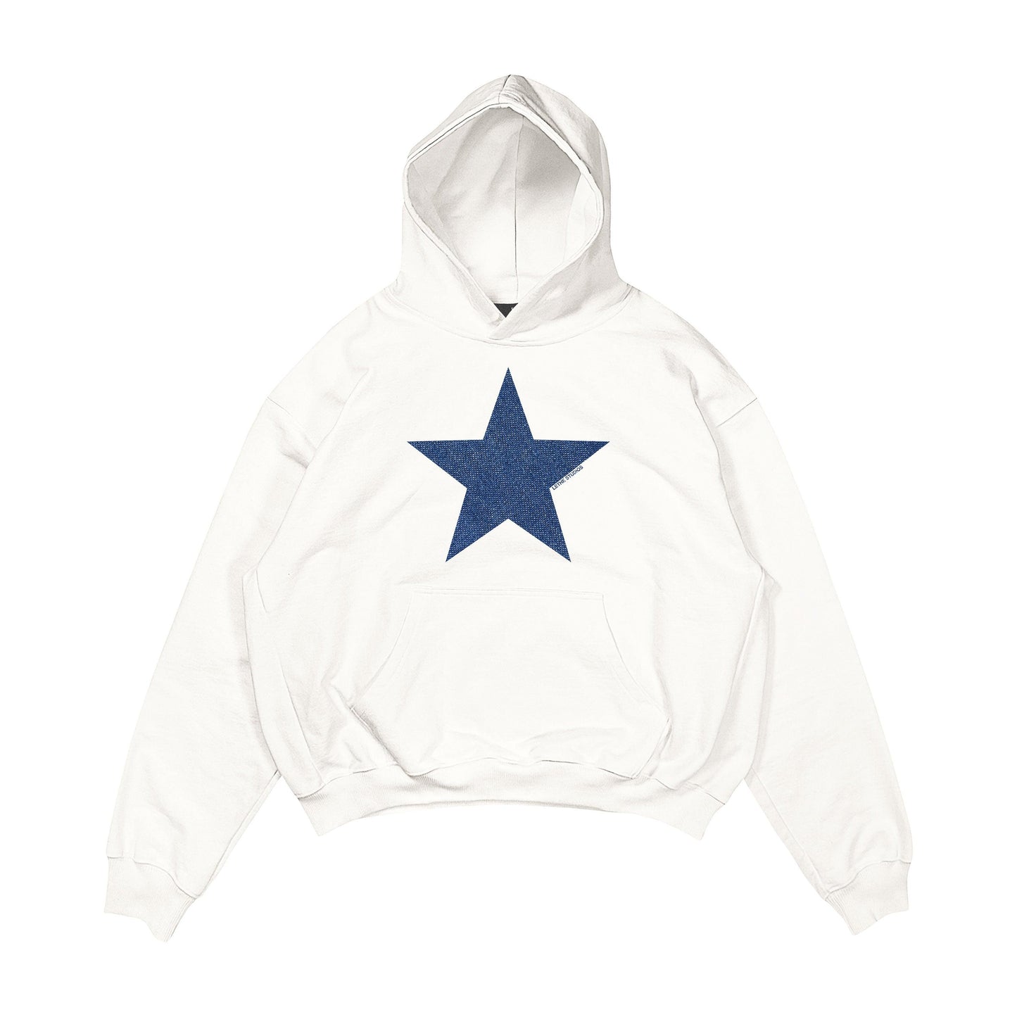 Aesthetic, denim yıldız desenli, cozy, pinterest tarzı, günlük kullanıma uygun olarak pamuklu kumaştan üretilmiş oversize ekru renk hoodie.