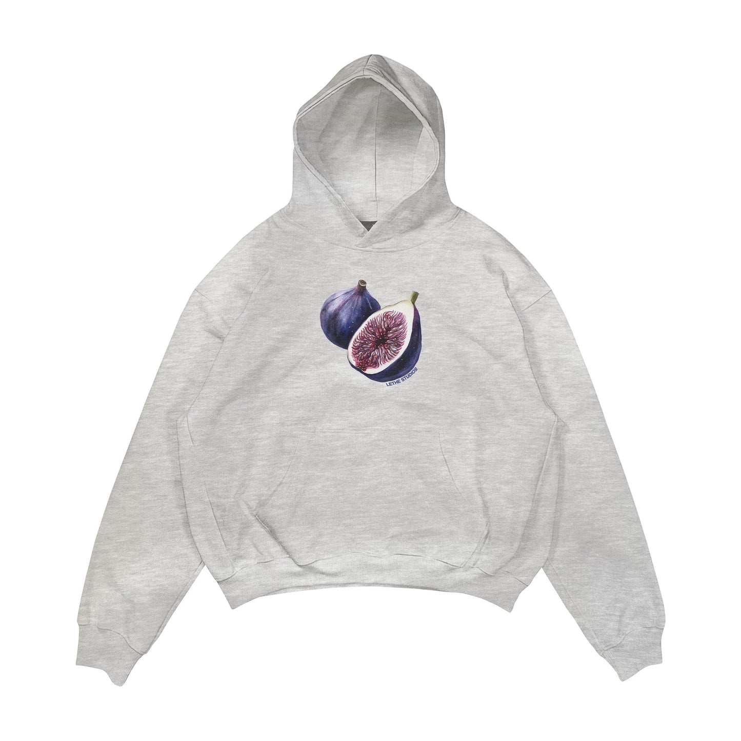 Aesthetic, incir desenli, cozy, pinterest tarzı, günlük kullanıma uygun olarak pamuklu kumaştan üretilmiş oversize gri renk hoodie.