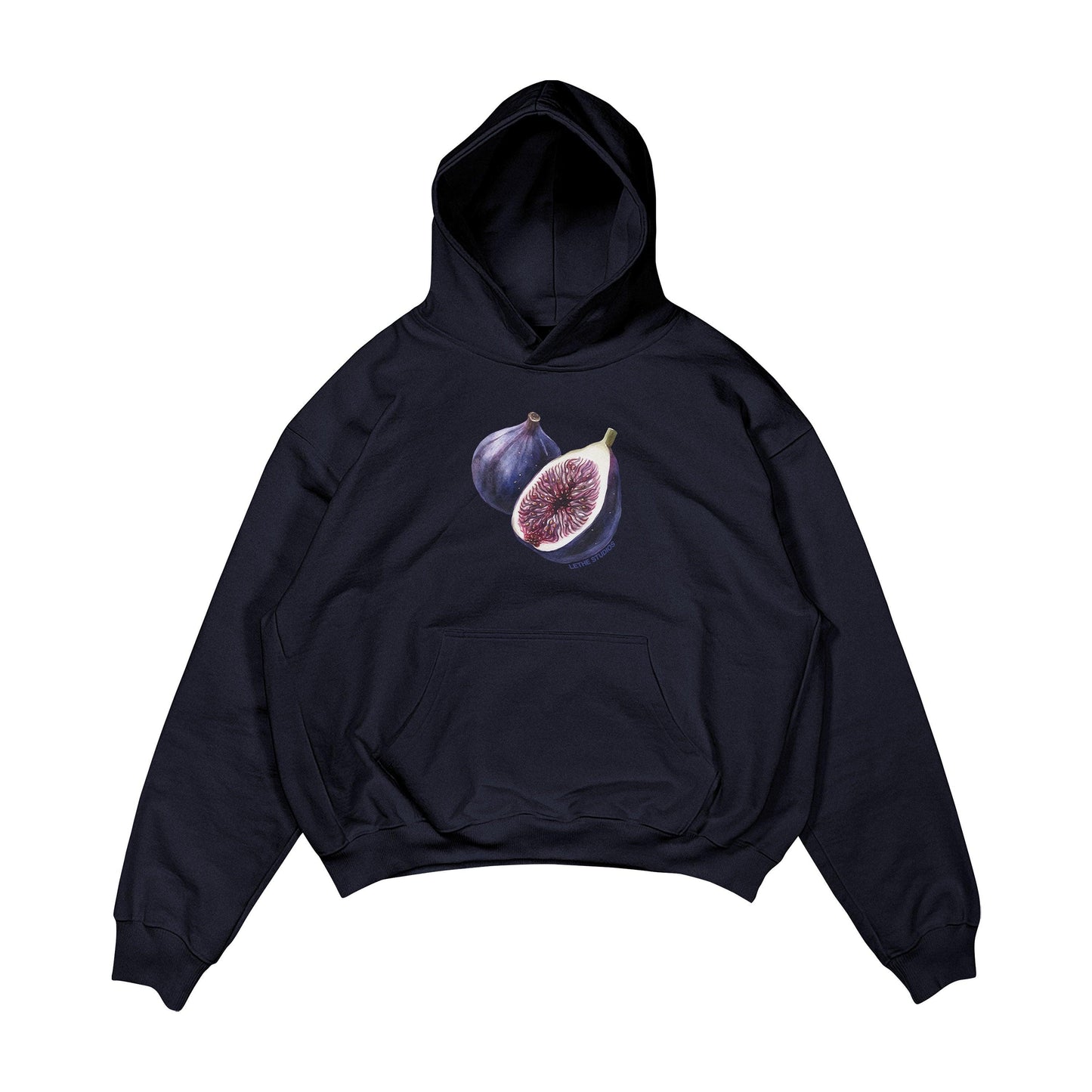Aesthetic, incir desenli, cozy, pinterest tarzı, günlük kullanıma uygun olarak pamuklu kumaştan üretilmiş oversize koyu lacivert renk hoodie.
