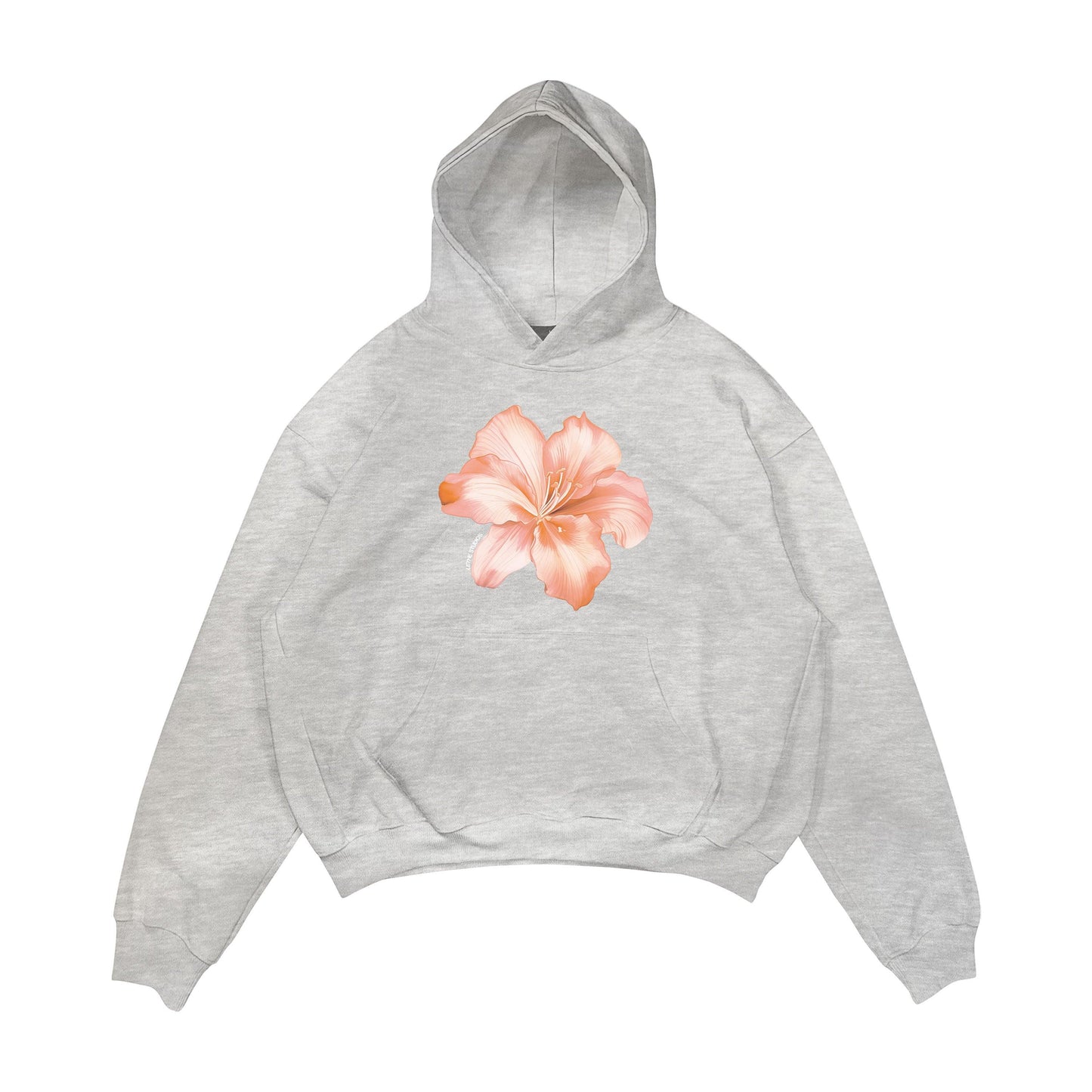 Aesthetic, hibiscus desenli, cozy, pinterest tarzı, günlük kullanıma uygun olarak pamuklu kumaştan üretilmiş oversize gri renk hoodie.