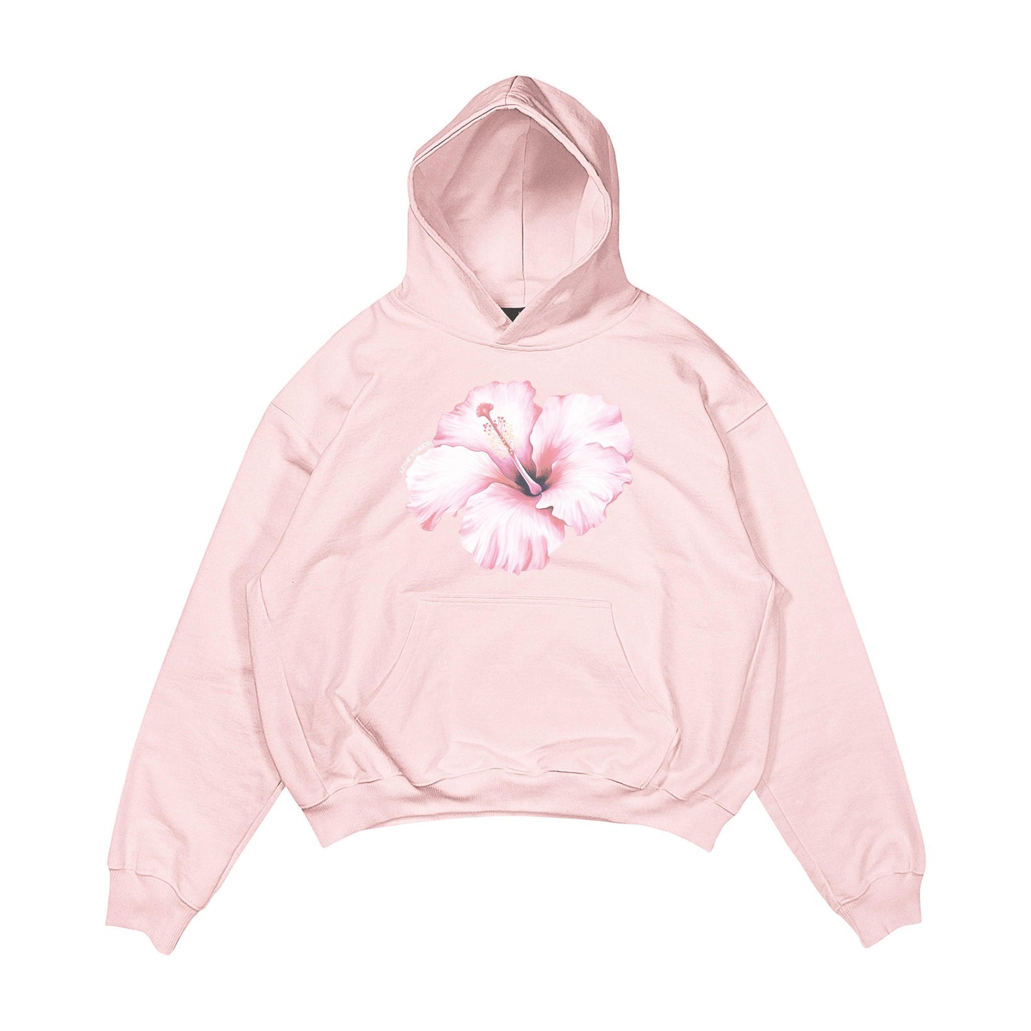 Aesthetic, hibiscus desenli, cozy, pinterest tarzı, günlük kullanıma uygun olarak pamuklu kumaştan üretilmiş oversize pembe renk hoodie.