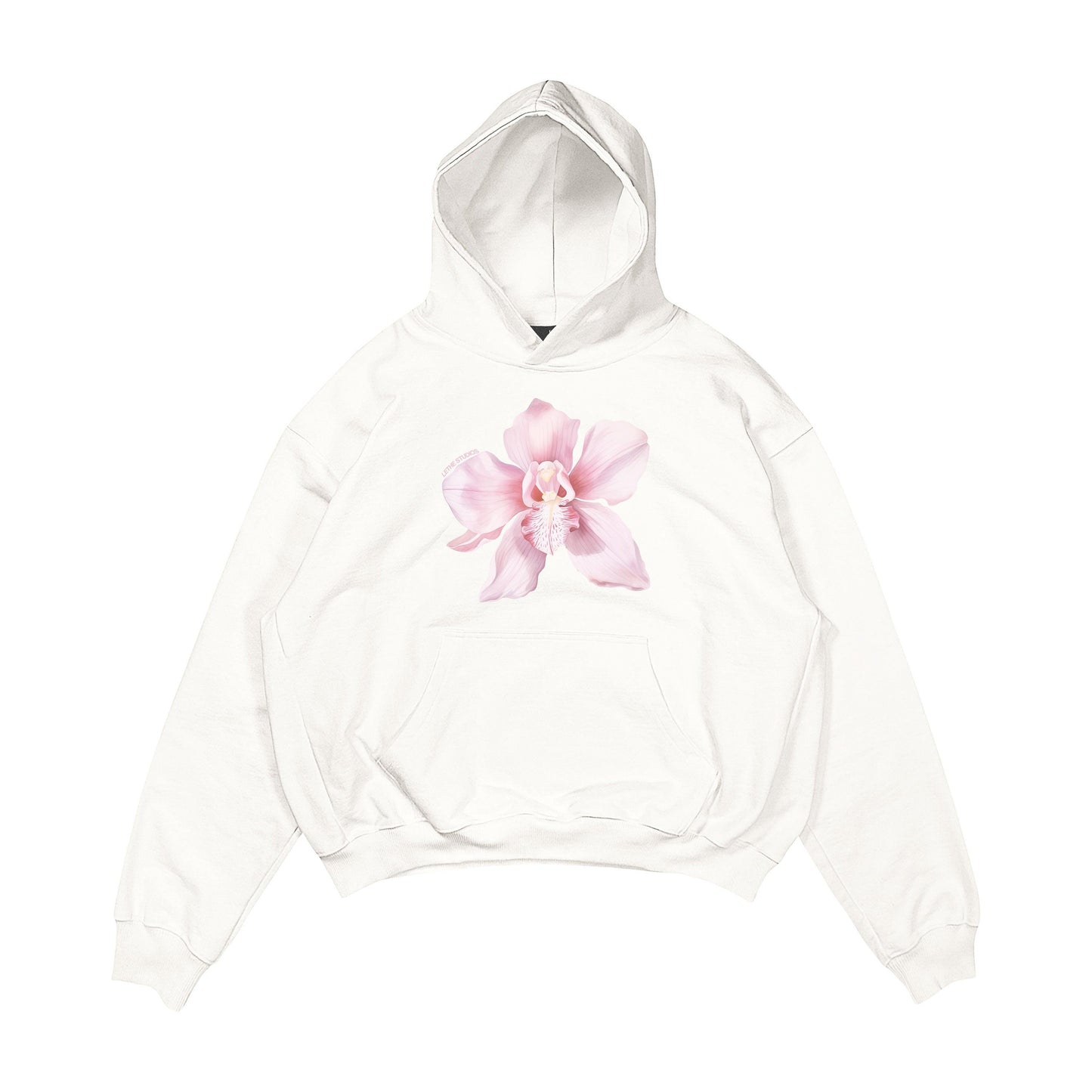 Aesthetic, lilyum çiçeği desenli, cozy, pinterest tarzı, günlük kullanıma uygun olarak pamuklu kumaştan üretilmiş oversize ekru renk hoodie.