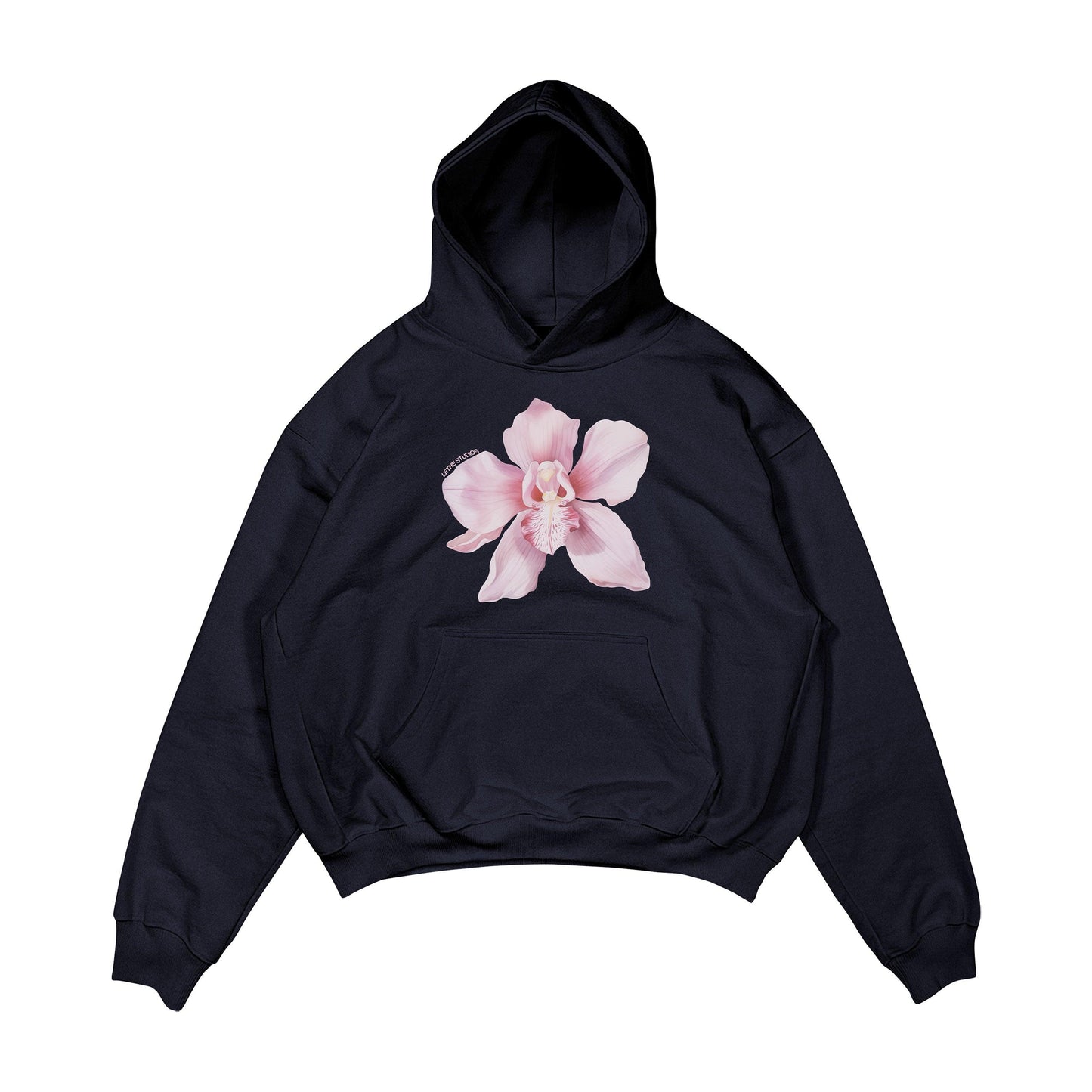 Aesthetic, lilyum çiçeği desenli, cozy, pinterest tarzı, günlük kullanıma uygun olarak pamuklu kumaştan üretilmiş oversize koyu lacivert renk hoodie.