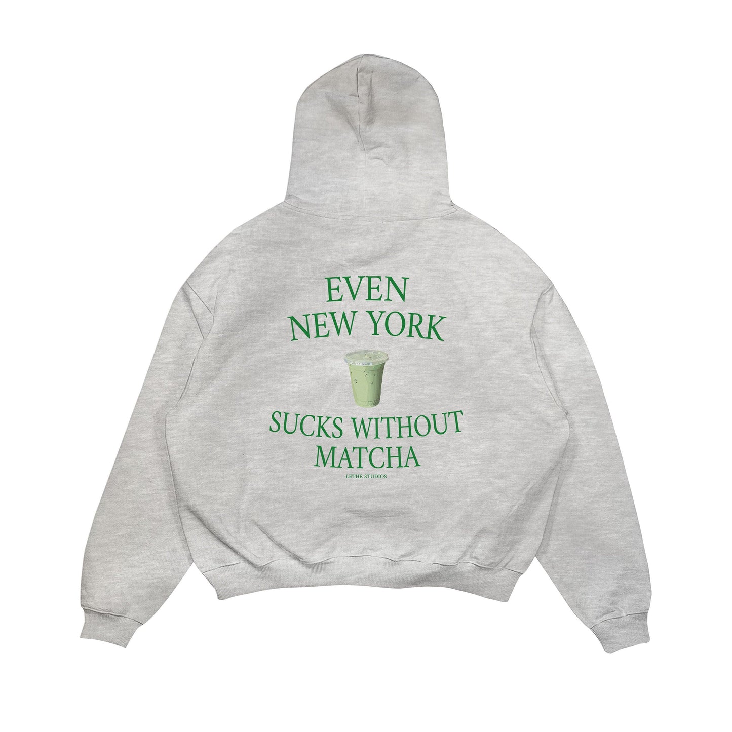 Aesthetic, matcha desenli, cozy, pinterest tarzı, günlük kullanıma uygun olarak pamuklu kumaştan üretilmiş oversize gri renk hoodie.