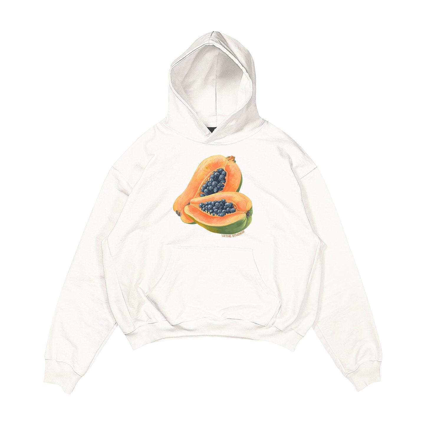 Aesthetic, papaya desenli, cozy, pinterest tarzı, günlük kullanıma uygun olarak pamuklu kumaştan üretilmiş oversize ekru renk hoodie.