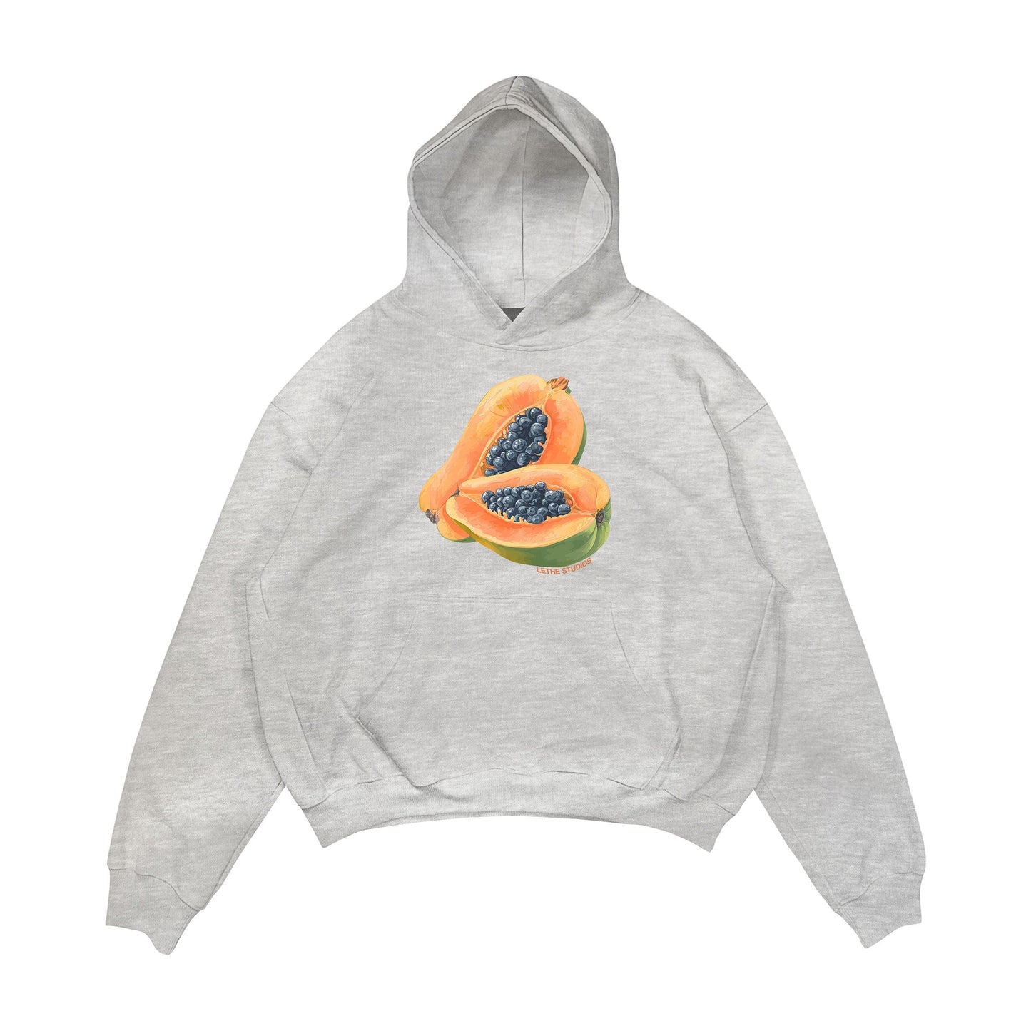 Aesthetic, papaya desenli, cozy, pinterest tarzı, günlük kullanıma uygun olarak pamuklu kumaştan üretilmiş oversize gri renk hoodie.