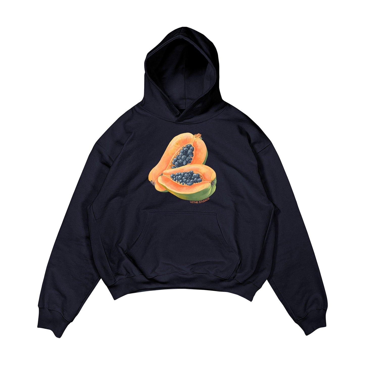 Aesthetic, papaya desenli, cozy, pinterest tarzı, günlük kullanıma uygun olarak pamuklu kumaştan üretilmiş oversize koyu lacivert renk hoodie.