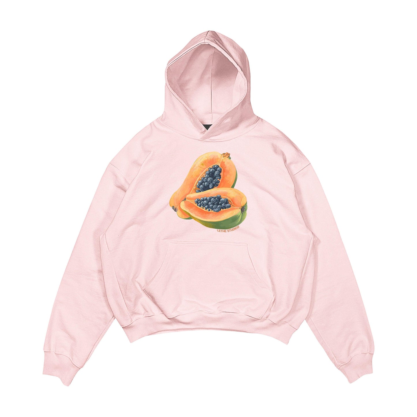 Aesthetic, papaya desenli, cozy, pinterest tarzı, günlük kullanıma uygun olarak pamuklu kumaştan üretilmiş oversize pembe renk hoodie.
