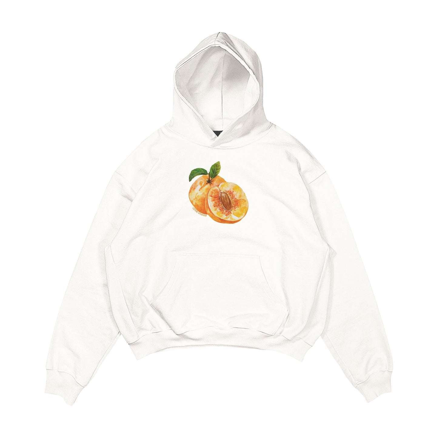 Aesthetic, şeftali desenli, cozy, pinterest tarzı, günlük kullanıma uygun olarak pamuklu kumaştan üretilmiş oversize ekru renk hoodie.