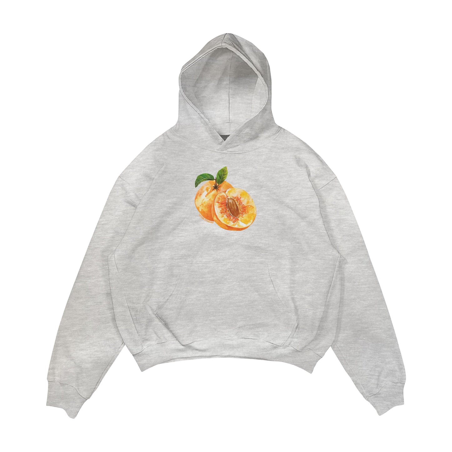 Aesthetic, şeftali desenli, cozy, pinterest tarzı, günlük kullanıma uygun olarak pamuklu kumaştan üretilmiş oversize gri renk hoodie.