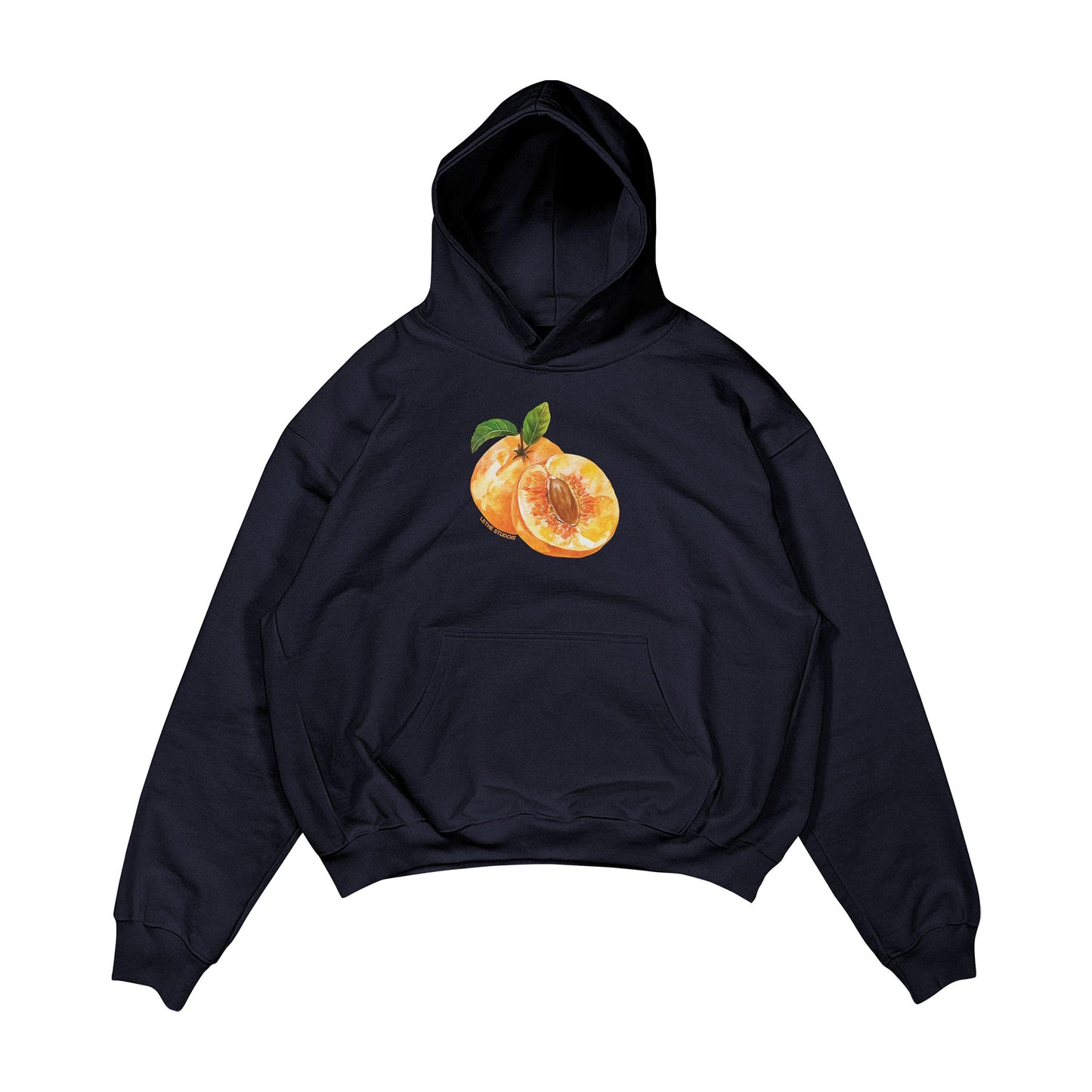 Aesthetic, şeftali desenli, cozy, pinterest tarzı, günlük kullanıma uygun olarak pamuklu kumaştan üretilmiş oversize koyu lacivert renk hoodie.
