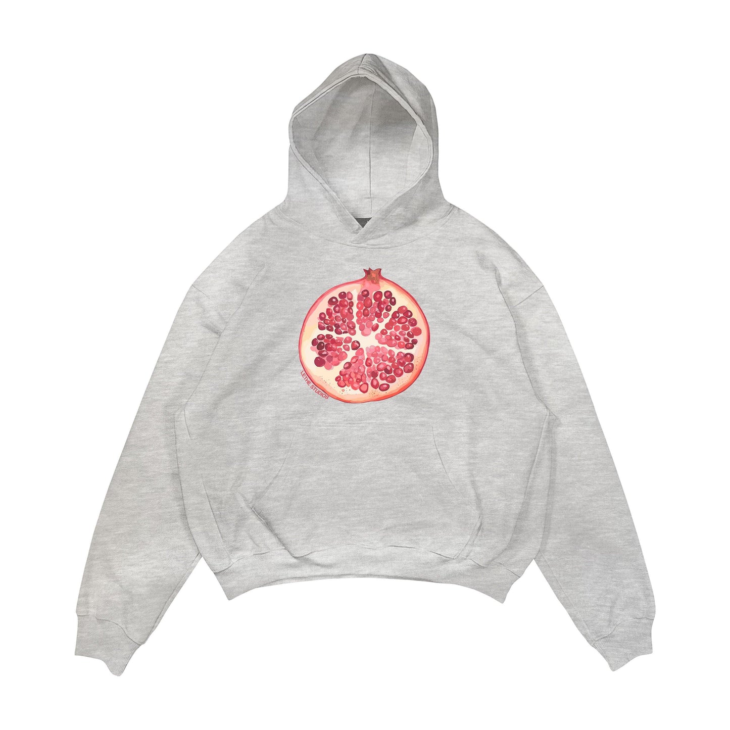Aesthetic, nar desenli, cozy, pinterest tarzı, günlük kullanıma uygun olarak pamuklu kumaştan üretilmiş oversize gri renk hoodie.