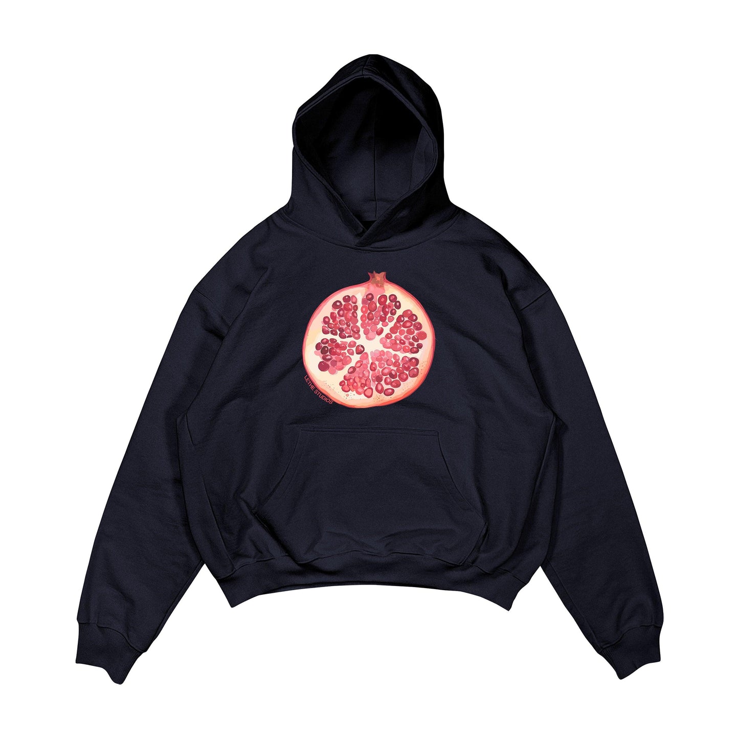 Aesthetic, nar desenli, cozy, pinterest tarzı, günlük kullanıma uygun olarak pamuklu kumaştan üretilmiş oversize koyu lacivert renk hoodie.