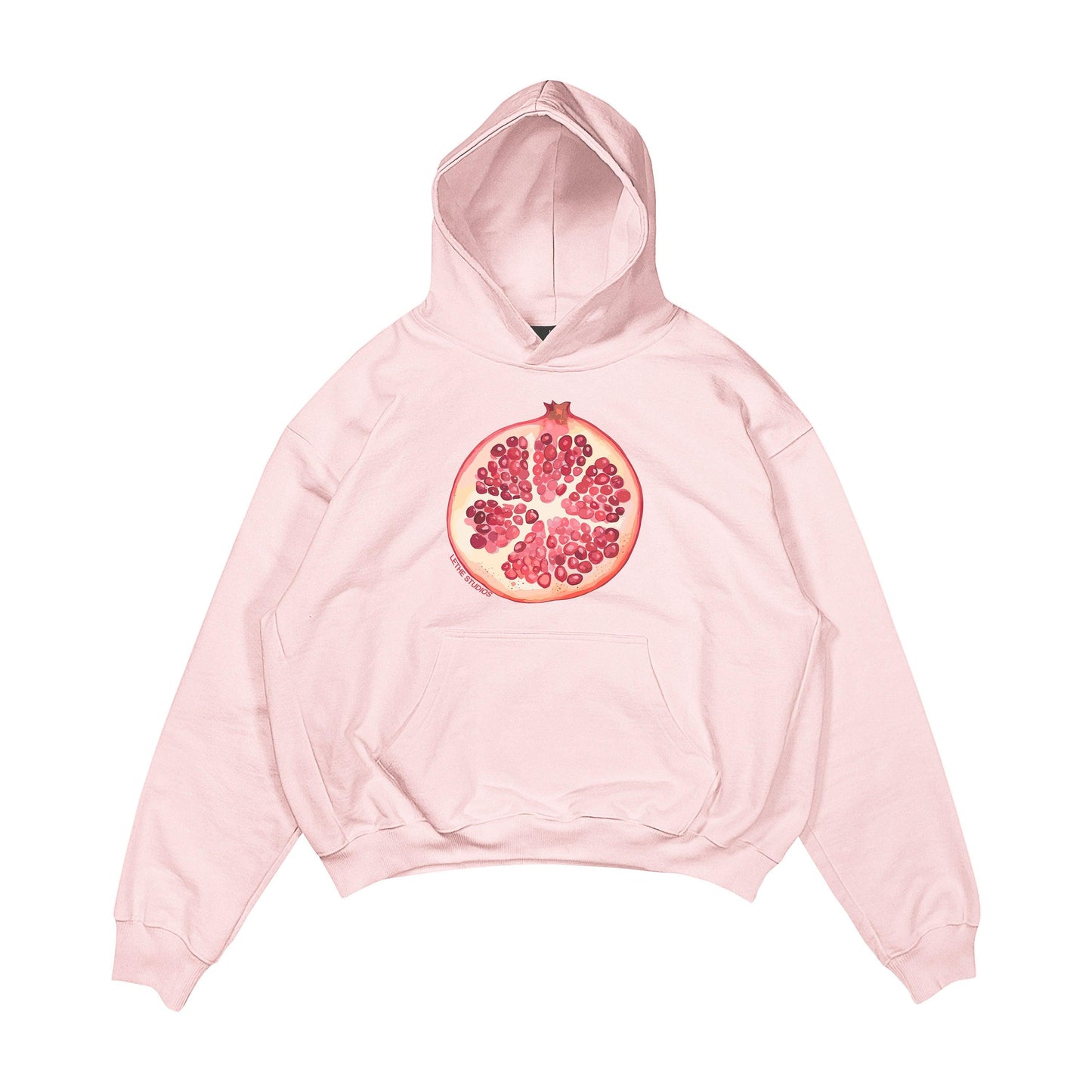 Aesthetic, nar desenli, cozy, pinterest tarzı, günlük kullanıma uygun olarak pamuklu kumaştan üretilmiş oversize pembe renk hoodie.