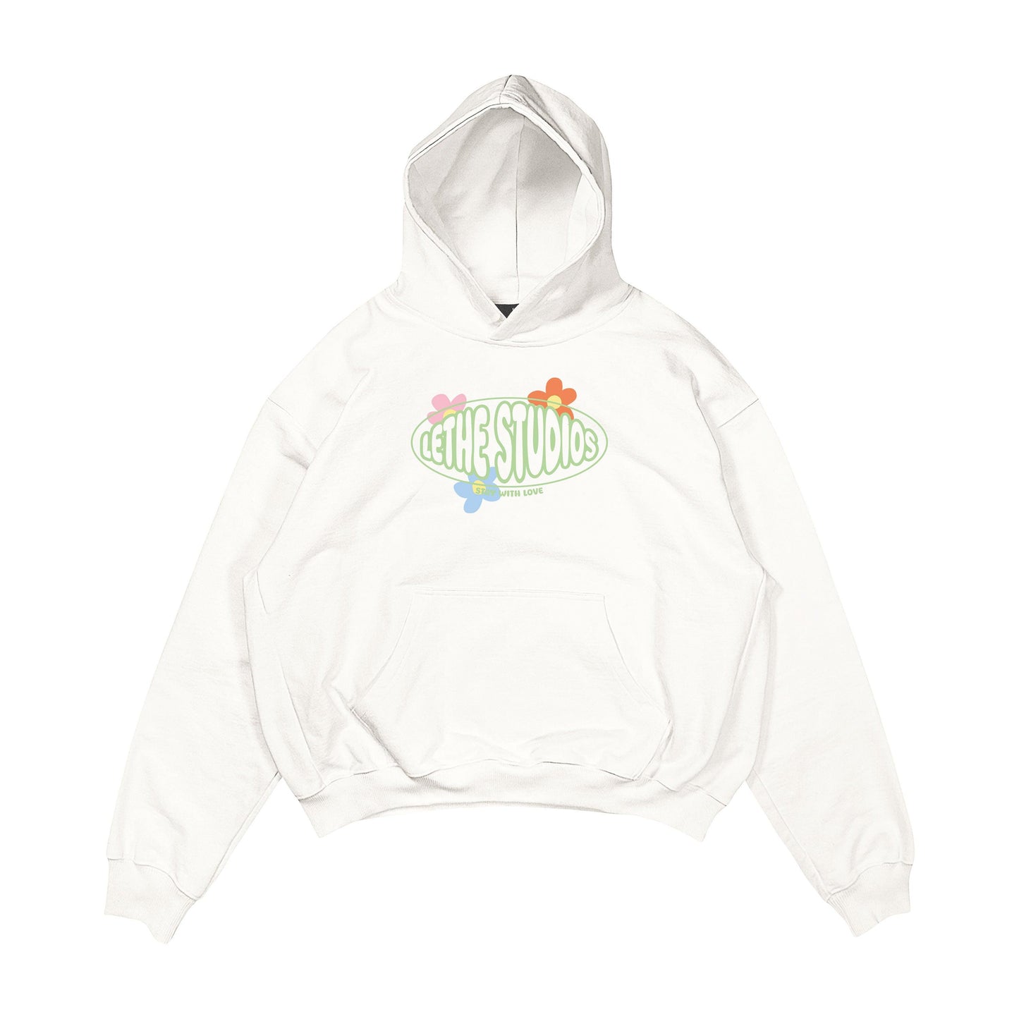Aesthetic, stay with love desenli, cozy, pinterest tarzı, günlük kullanıma uygun olarak pamuklu kumaştan üretilmiş oversize ekru renk hoodie.