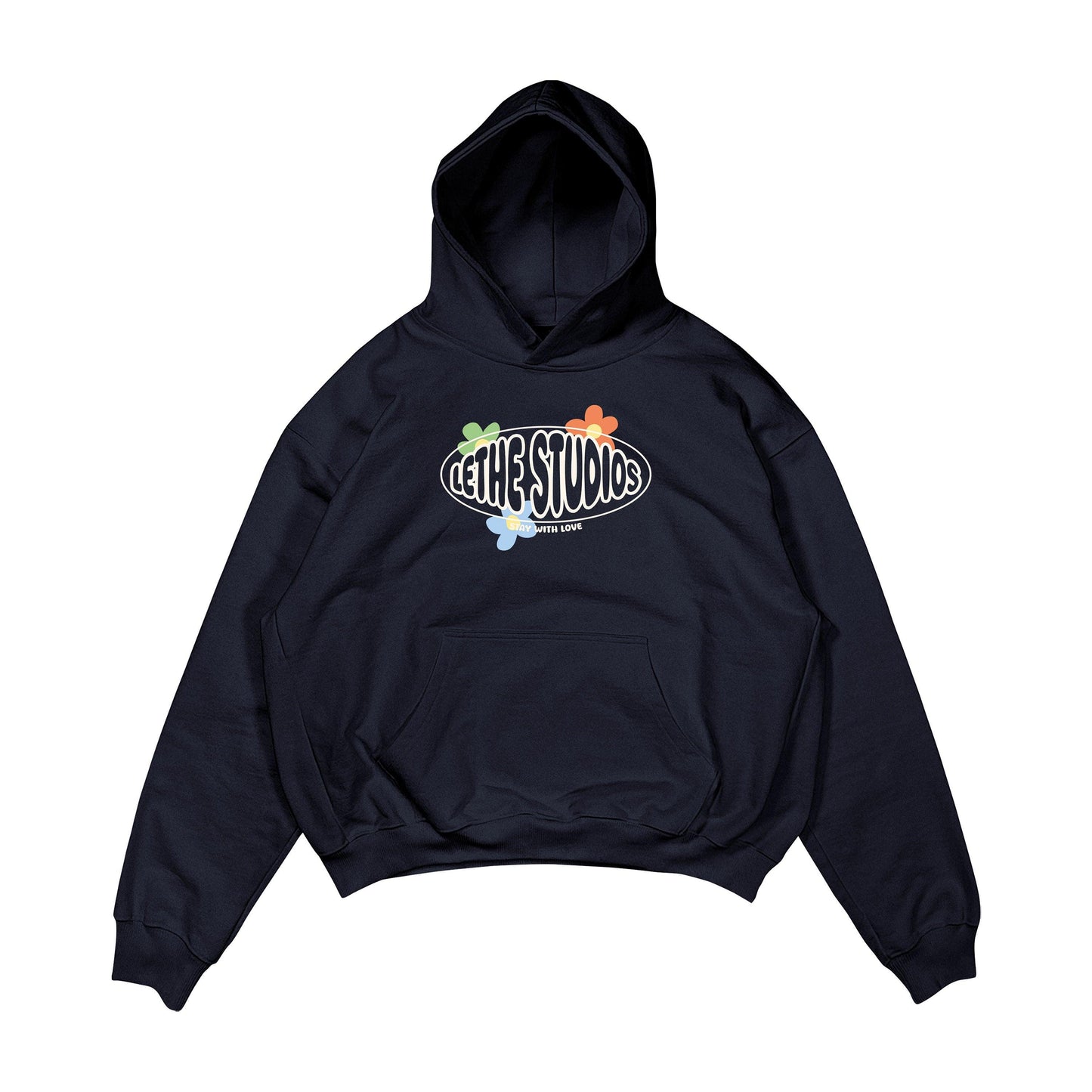 Aesthetic, stay with love desenli, cozy, pinterest tarzı, günlük kullanıma uygun olarak pamuklu kumaştan üretilmiş oversize koyu lacivert renk hoodie.