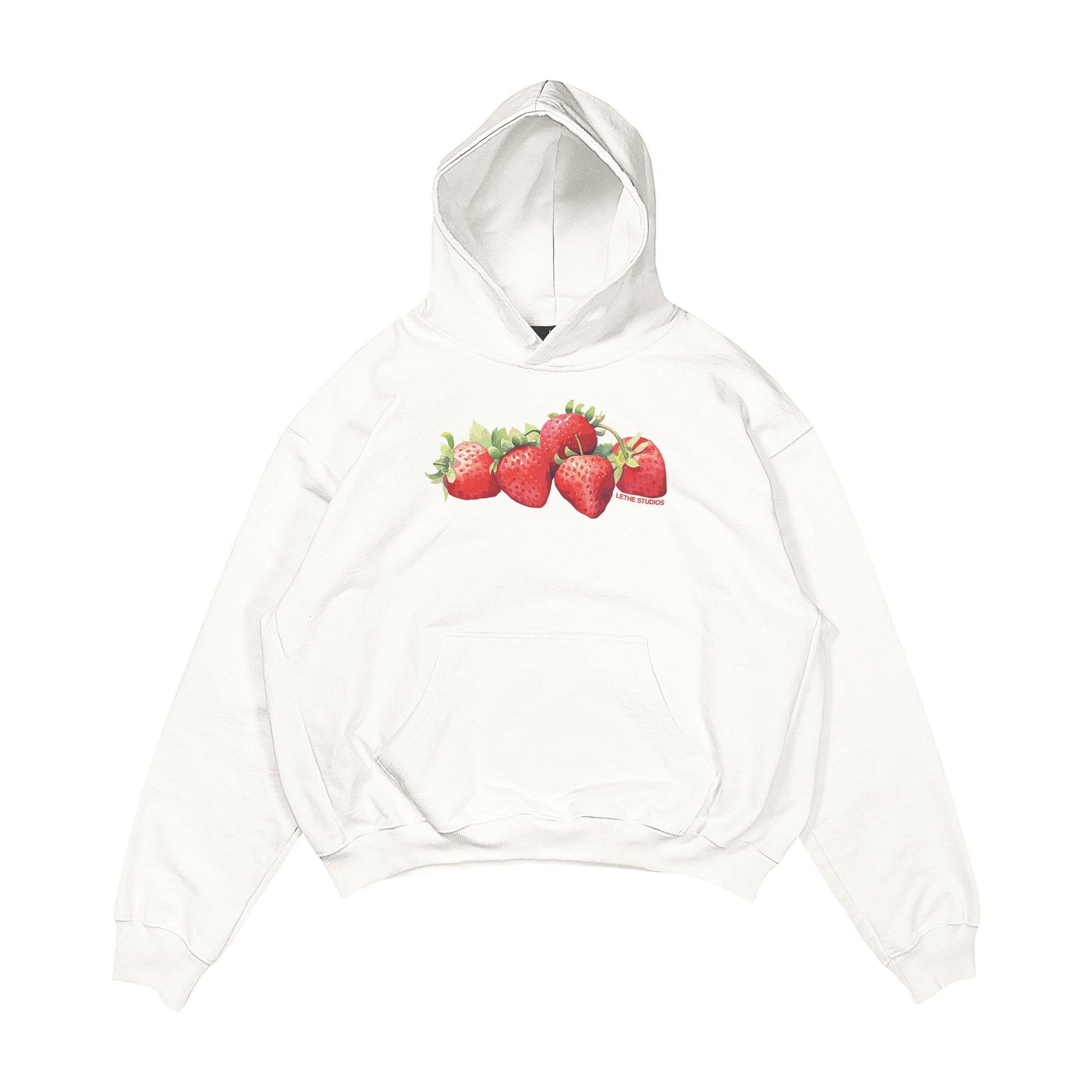 Aesthetic, çilek desenli, cozy, pinterest tarzı, günlük kullanıma uygun olarak pamuklu kumaştan üretilmiş oversize ekru renk hoodie.