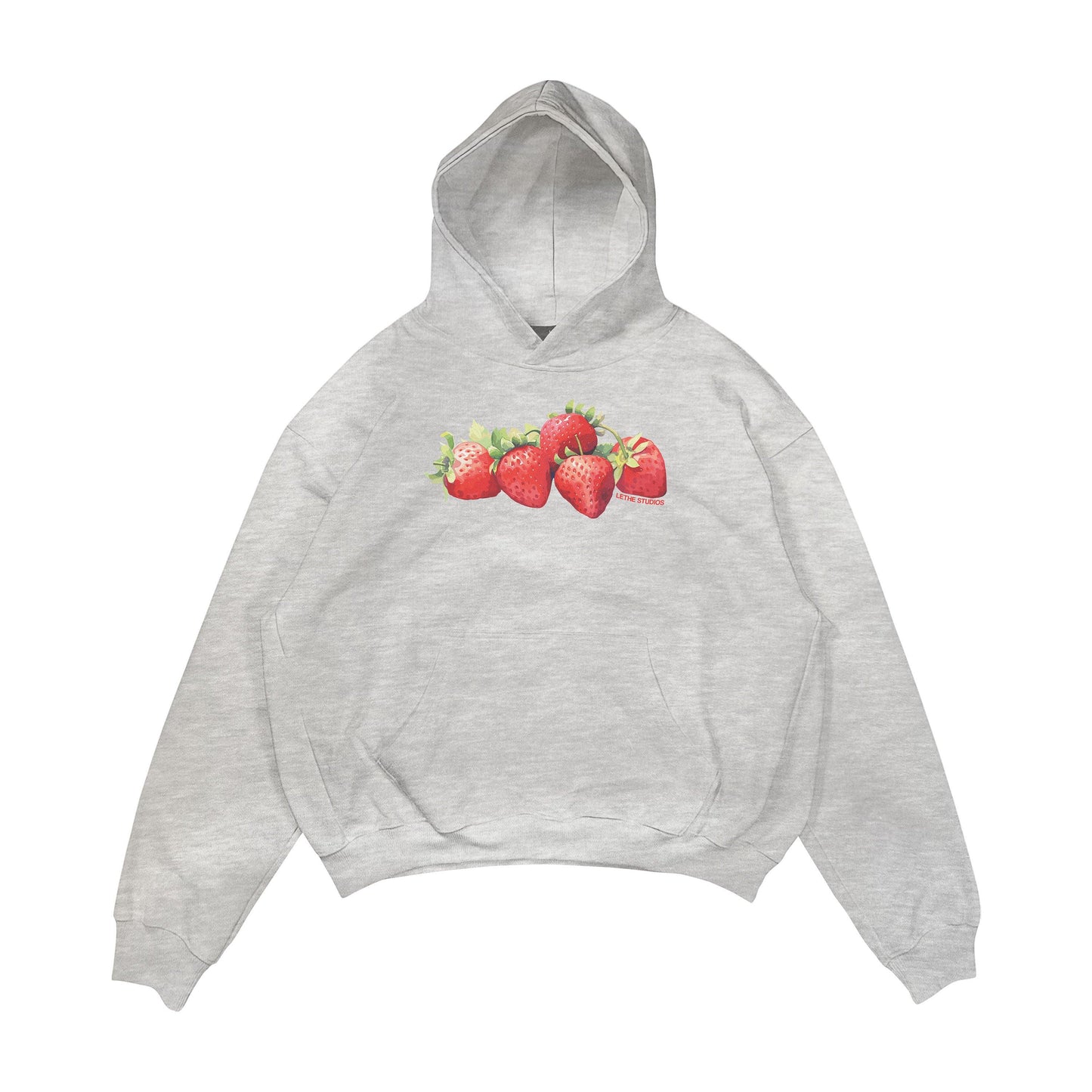 Aesthetic, çilek desenli, cozy, pinterest tarzı, günlük kullanıma uygun olarak pamuklu kumaştan üretilmiş oversize gri renk hoodie.