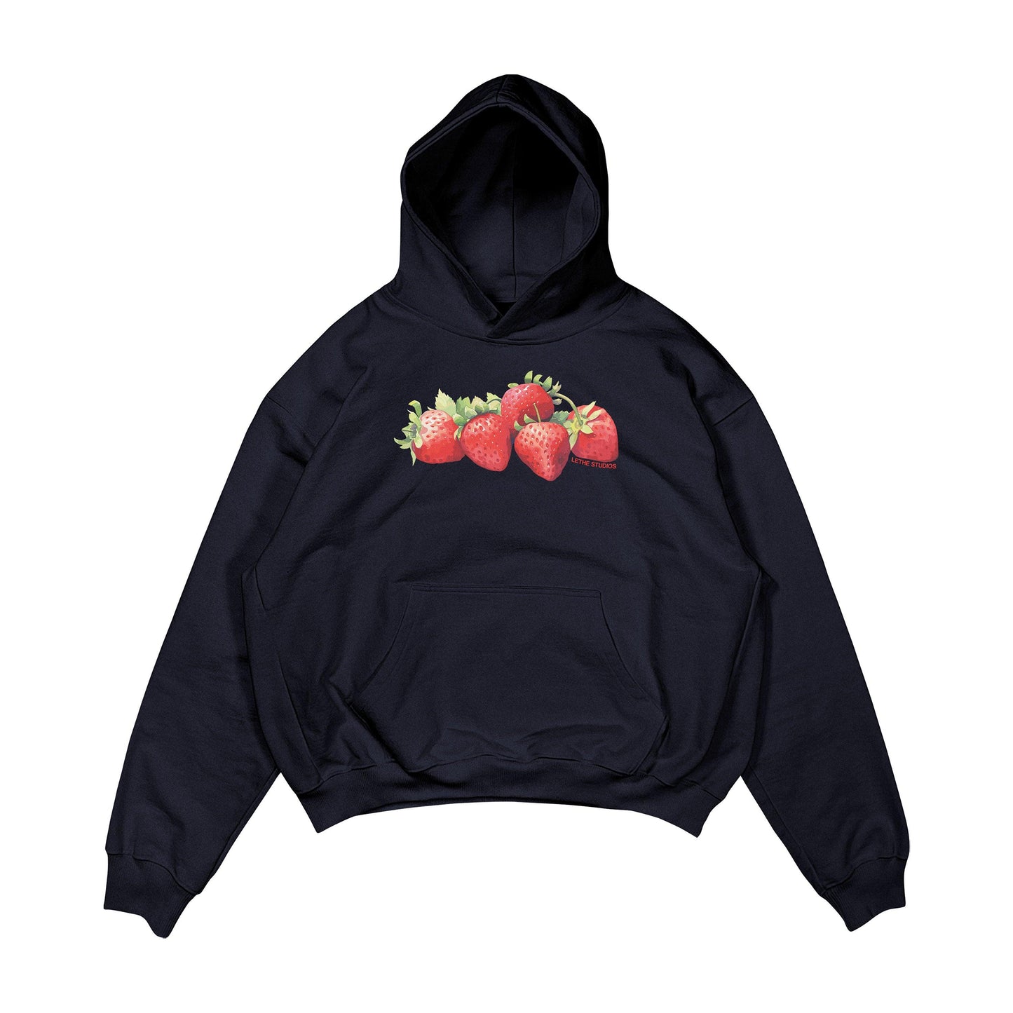 Aesthetic, çilek desenli, cozy, pinterest tarzı, günlük kullanıma uygun olarak pamuklu kumaştan üretilmiş oversize koyu lacivert renk hoodie.