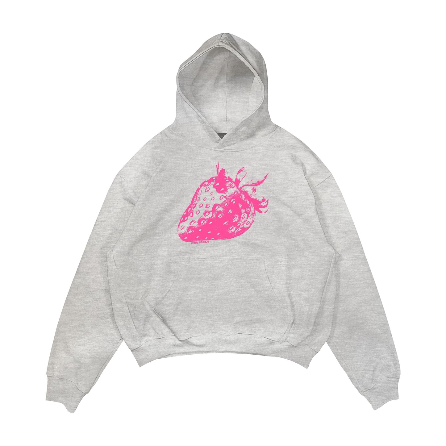 Aesthetic, çilek desenli, cozy, pinterest tarzı, günlük kullanıma uygun olarak pamuklu kumaştan üretilmiş oversize gri renk hoodie.