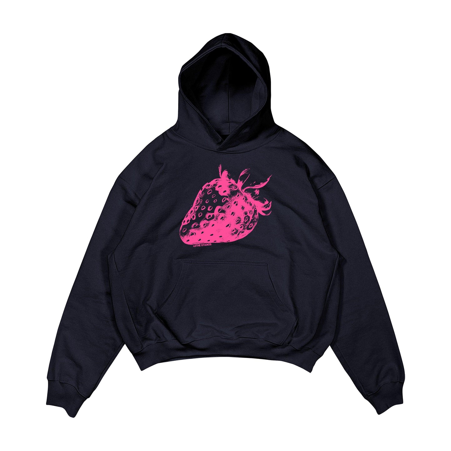 Aesthetic, çilek desenli, cozy, pinterest tarzı, günlük kullanıma uygun olarak pamuklu kumaştan üretilmiş oversize koyu lacivert renk hoodie.