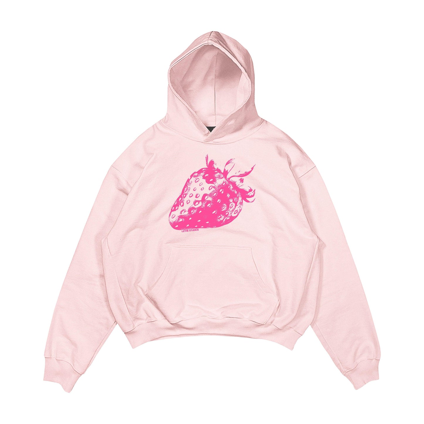 Aesthetic, çilek desenli, cozy, pinterest tarzı, günlük kullanıma uygun olarak pamuklu kumaştan üretilmiş oversize pembe renk hoodie.