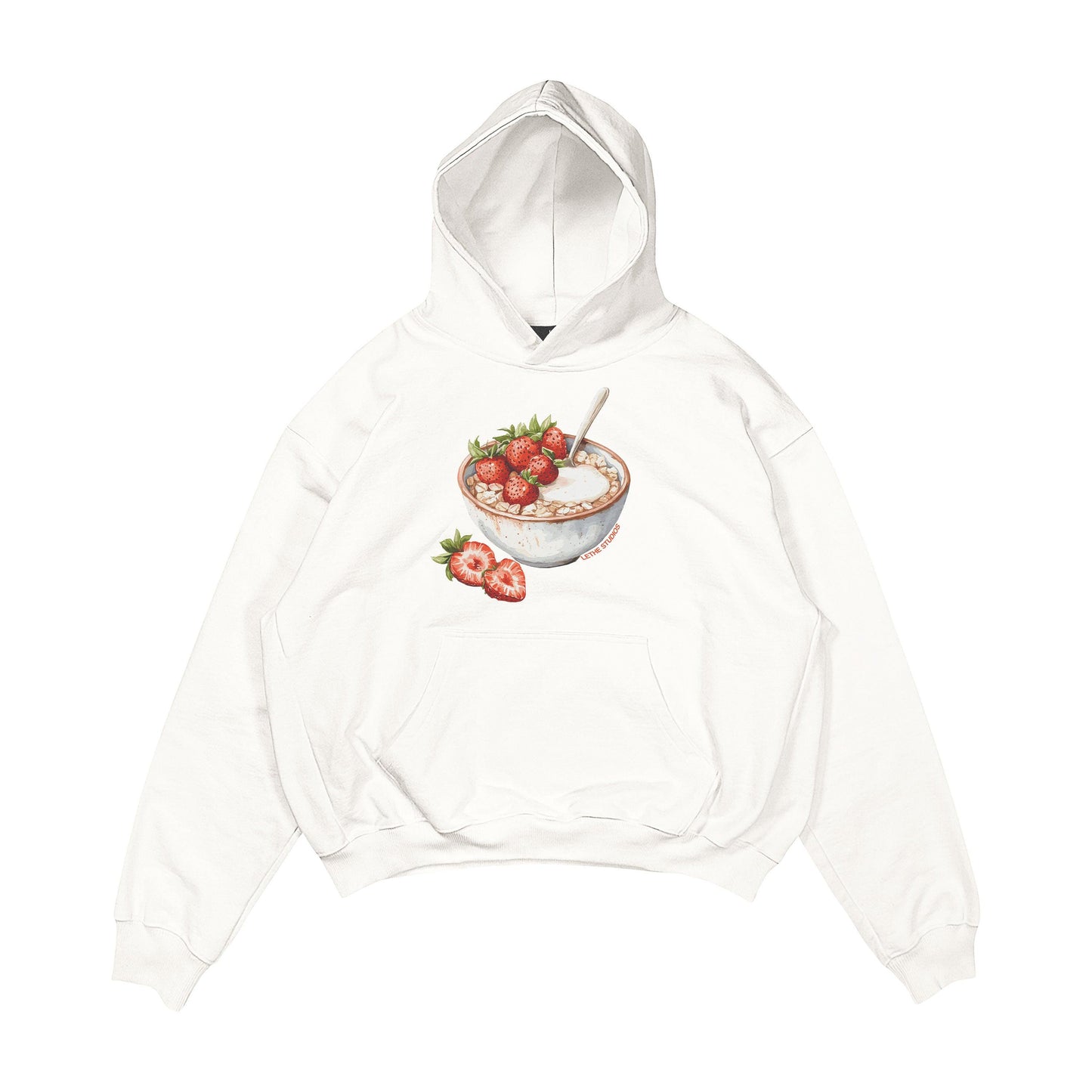 Aesthetic, çilekli yulaf kasesi desenli, cozy, pinterest tarzı, günlük kullanıma uygun olarak pamuklu kumaştan üretilmiş oversize ekru renk hoodie.
