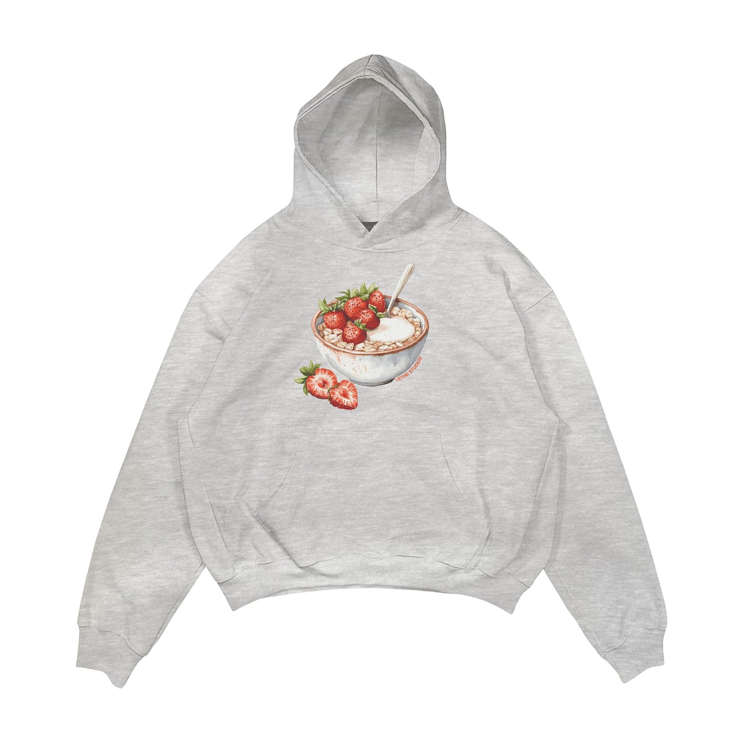 Aesthetic, çilekli yulaf kasesi desenli, cozy, pinterest tarzı, günlük kullanıma uygun olarak pamuklu kumaştan üretilmiş oversize gri renk hoodie.