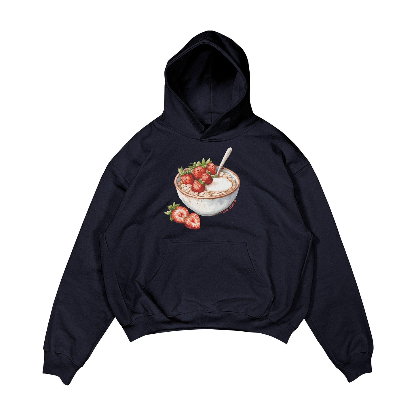 Aesthetic, çilekli yulaf kasesi desenli, cozy, pinterest tarzı, günlük kullanıma uygun olarak pamuklu kumaştan üretilmiş oversize koyu lacivert renk hoodie.