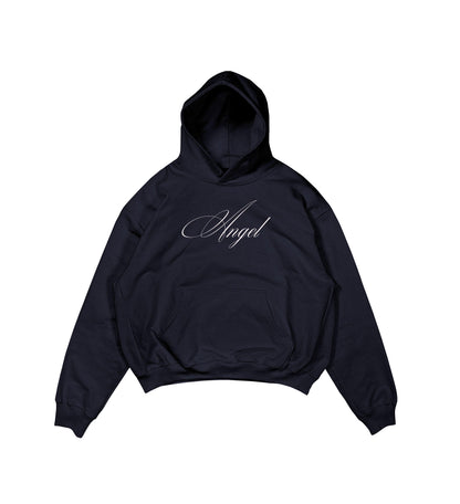 Aesthetic, angel desenli, pinterest tarzı, günlük kullanıma uygun olarak pamuklu kumaştan üretilmiş oversize koyu lacivert renk hoodie.