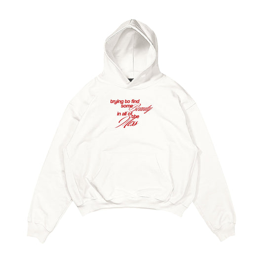 Aesthetic, aşk desenli, pinterest tarzı, günlük kullanıma uygun olarak pamuklu kumaştan üretilmiş oversize ekru renk hoodie.