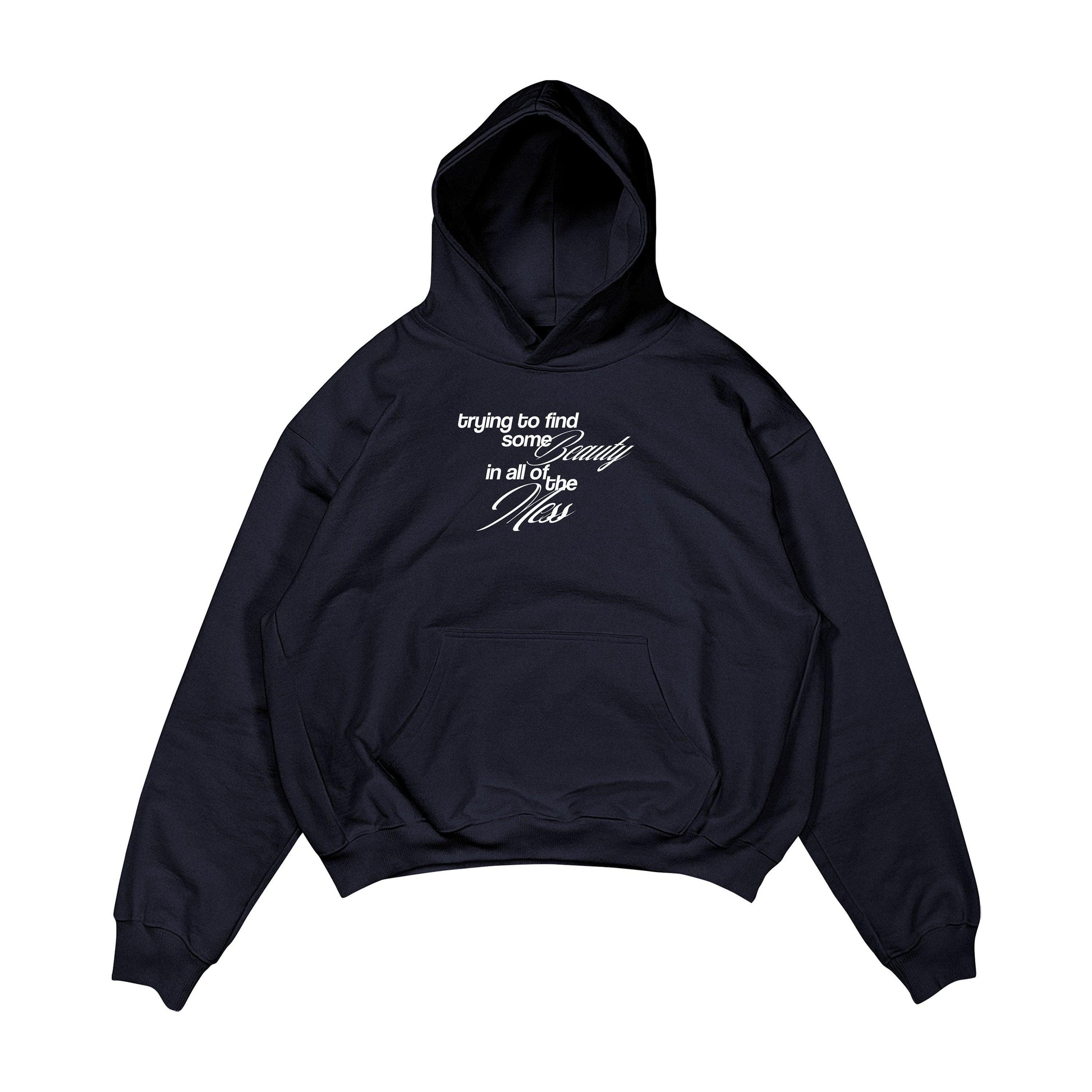 Aesthetic, aşk desenli, pinterest tarzı, günlük kullanıma uygun olarak pamuklu kumaştan üretilmiş oversize koyu lacivert renk hoodie.