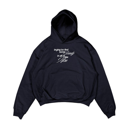 Aesthetic, aşk desenli, pinterest tarzı, günlük kullanıma uygun olarak pamuklu kumaştan üretilmiş oversize koyu lacivert renk hoodie.