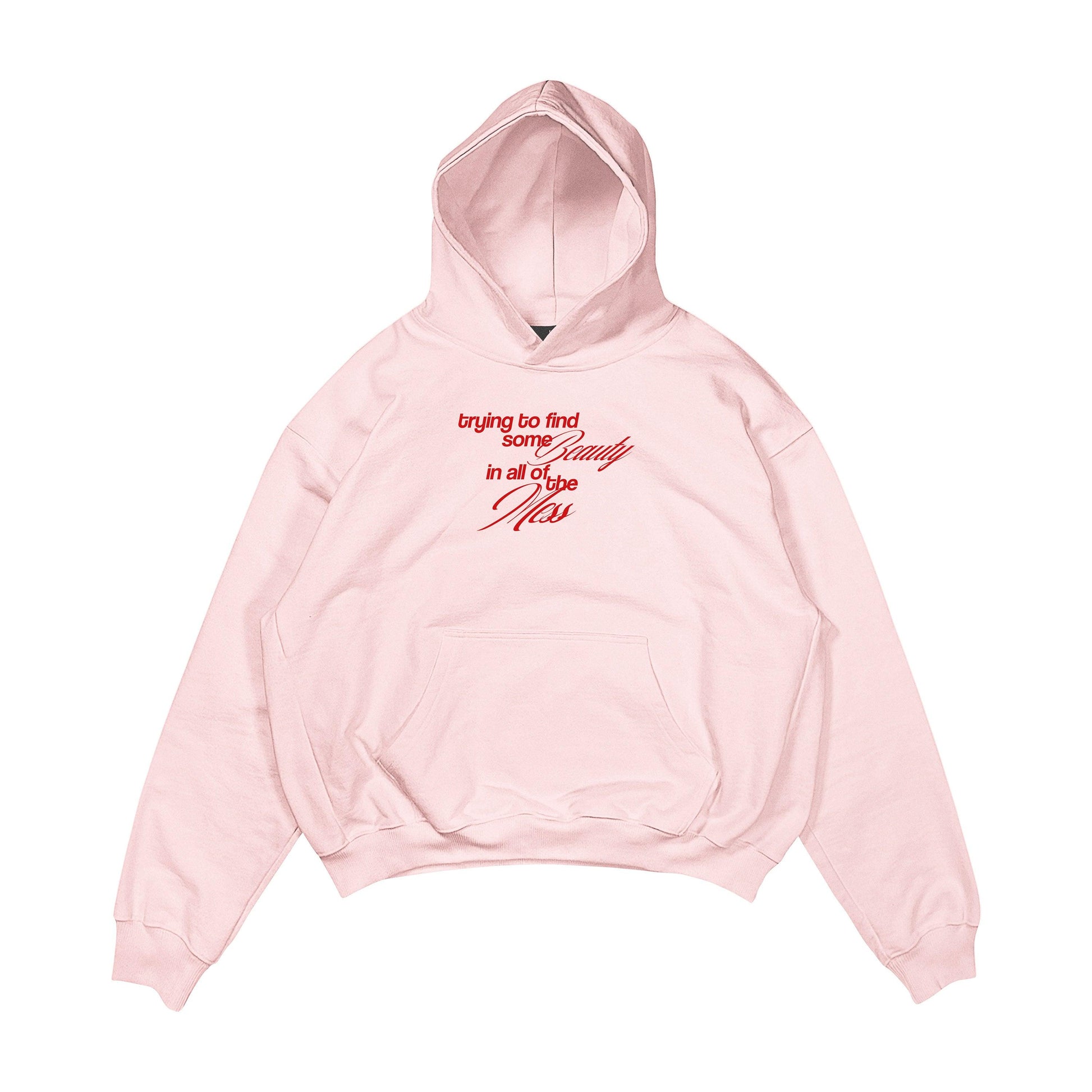 Aesthetic, aşk desenli, pinterest tarzı, günlük kullanıma uygun olarak pamuklu kumaştan üretilmiş oversize pembe renk hoodie.