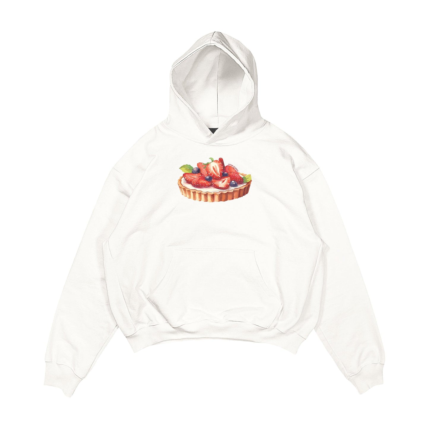 Aesthetic, çilekli tart desenli, pinterest tarzı, günlük kullanıma uygun olarak pamuklu kumaştan üretilmiş oversize ekru renk hoodie.