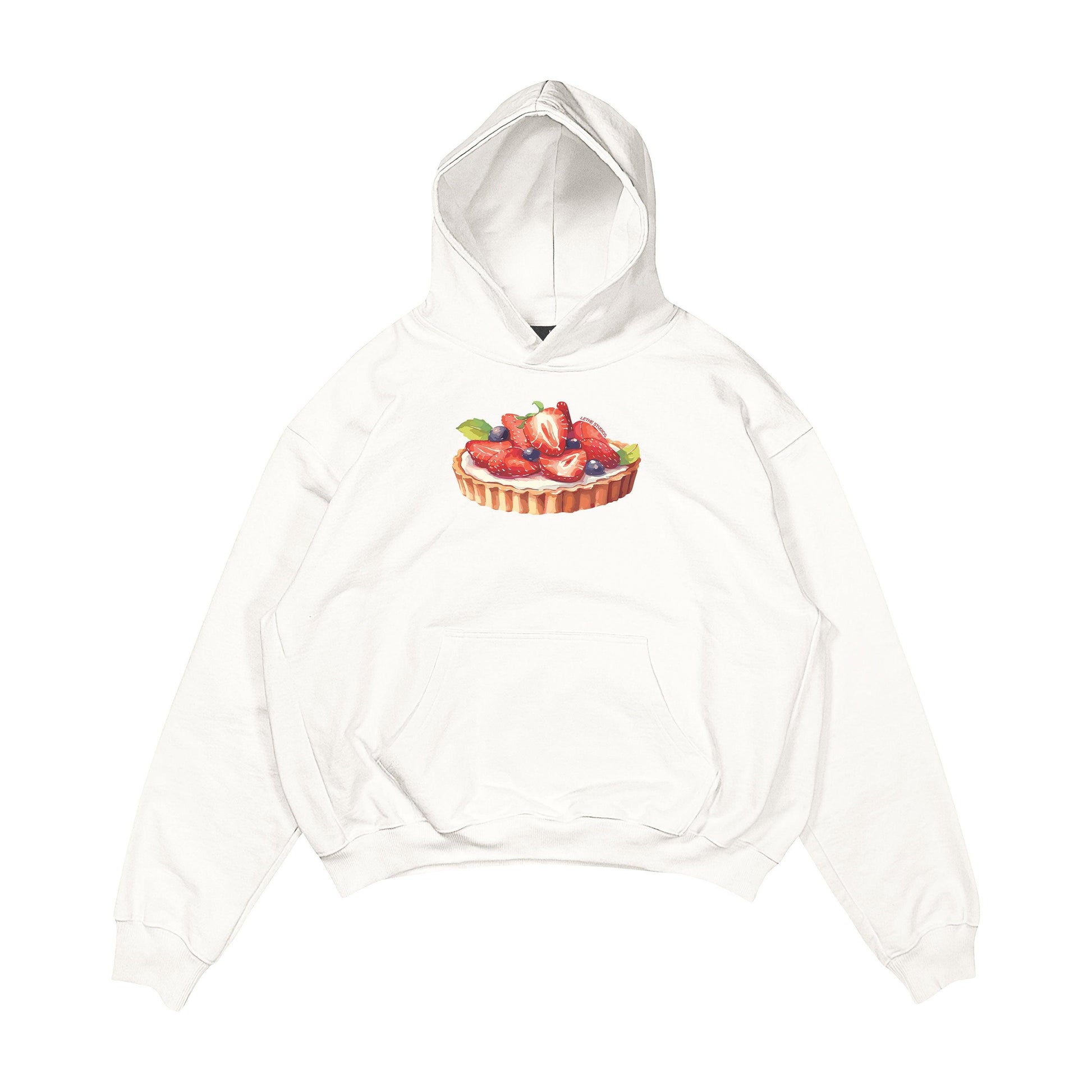 Aesthetic, çilekli tart desenli, pinterest tarzı, günlük kullanıma uygun olarak pamuklu kumaştan üretilmiş oversize ekru renk hoodie.