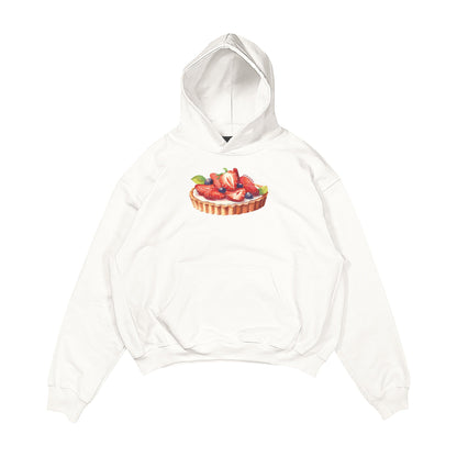 Aesthetic, çilekli tart desenli, pinterest tarzı, günlük kullanıma uygun olarak pamuklu kumaştan üretilmiş oversize ekru renk hoodie.